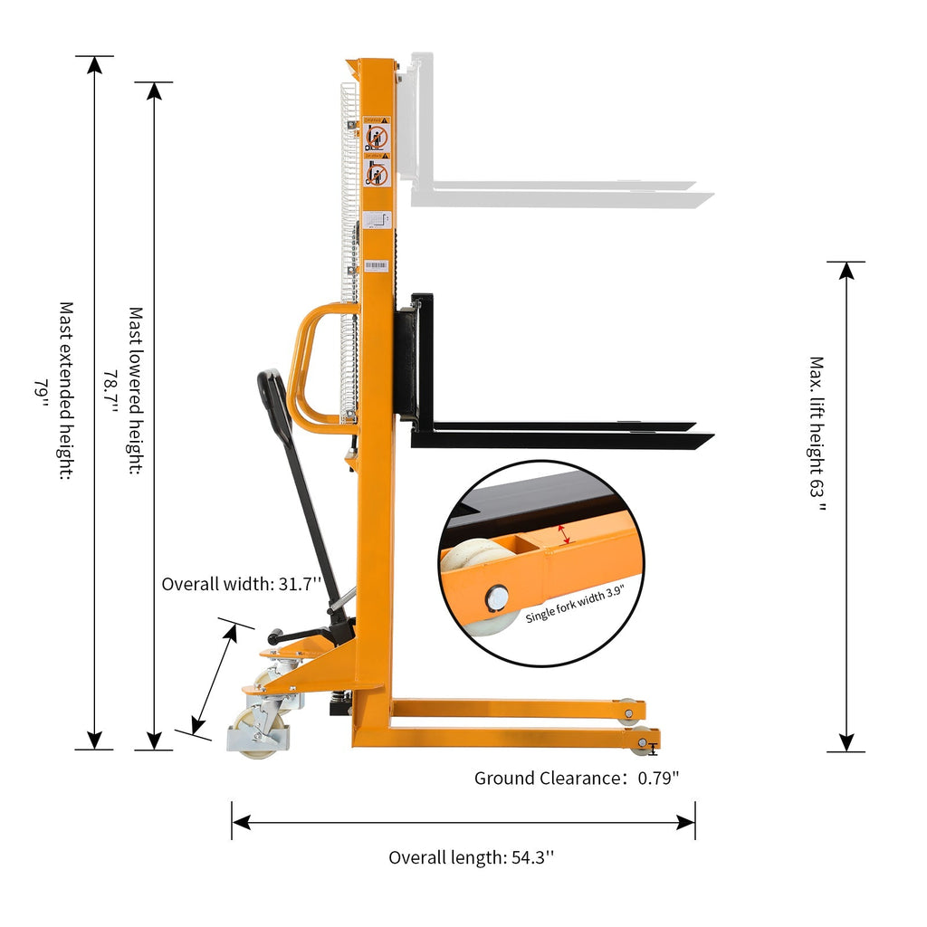 Manuelle Palette Stacker verstellbare Gabeln 498,95 kg Cap 63' Lift Height A-3002