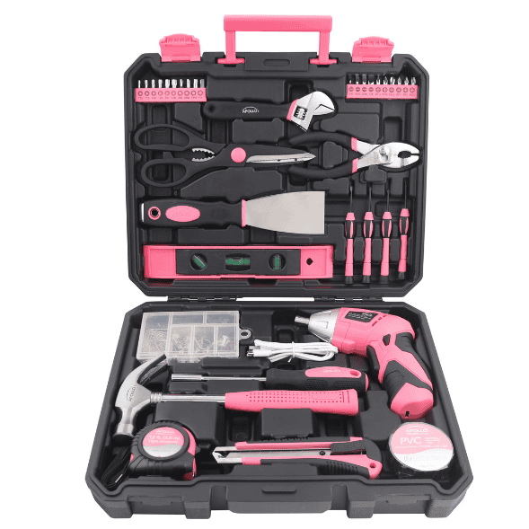 Neuer und verbesserter 135 Stück Rosa Haushaltswerkzeugsatz mit verschwenkendem Dual-Angle 3,6 Volt Lithium-Ionen-Kabellosschrauber im Hartgehäuse - DT0774P