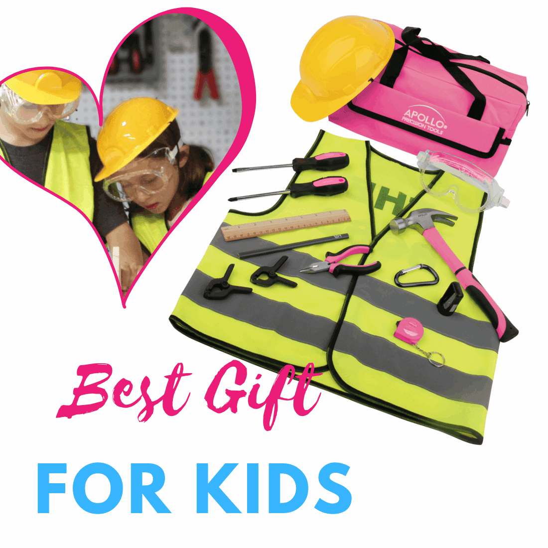 14 Stück mein erstes Werkzeug-Kit Educational Werkzeugset mit Rosa Tool Bag, Real Rosa Tools und Safety Gear - DT4936P