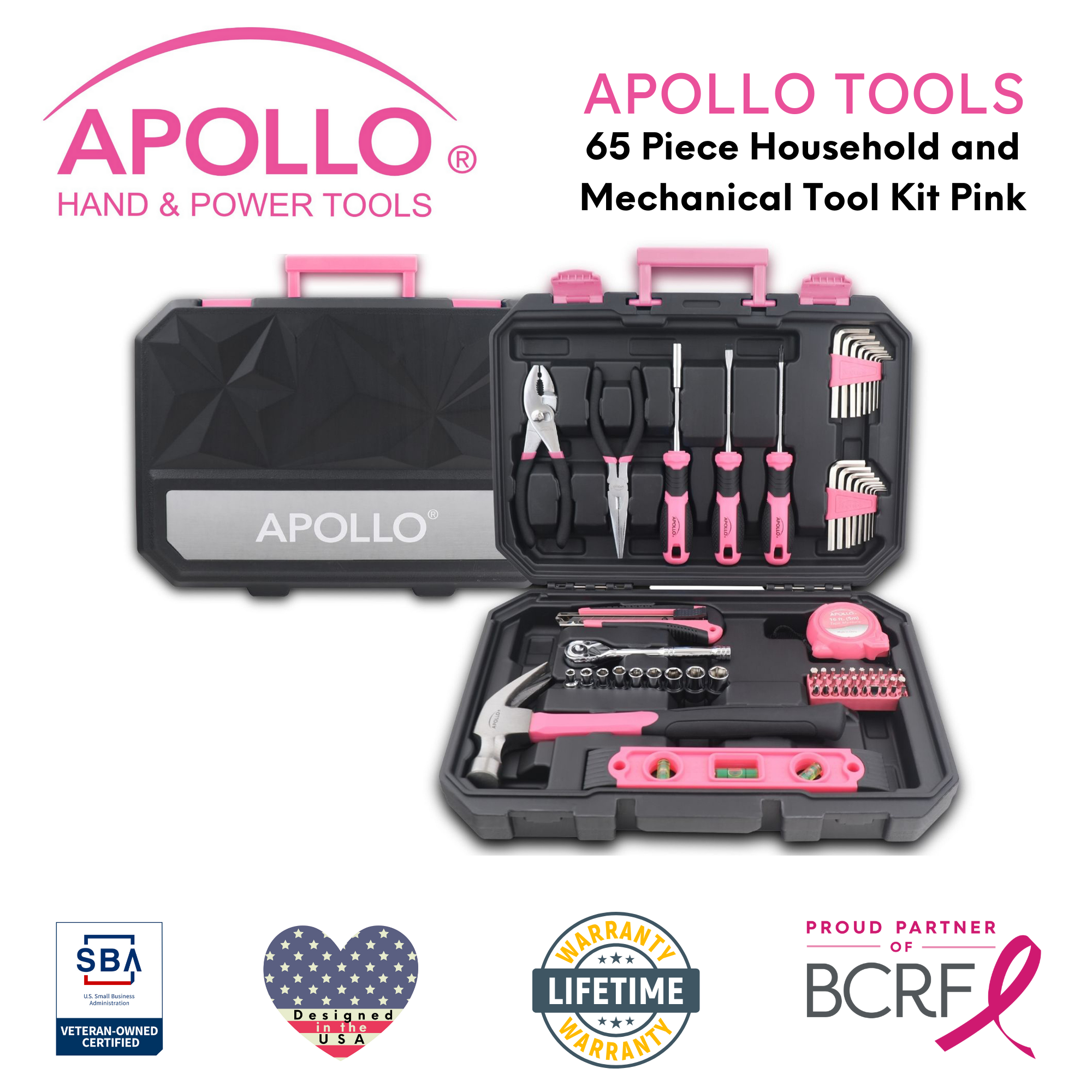 Wesentliches 65-Stück Rosa-Werkzeug-Set mit Socket-Set und meistgenutzten Werkzeugen für Do it Yourself Reparaturen und Wartung - DT0001P