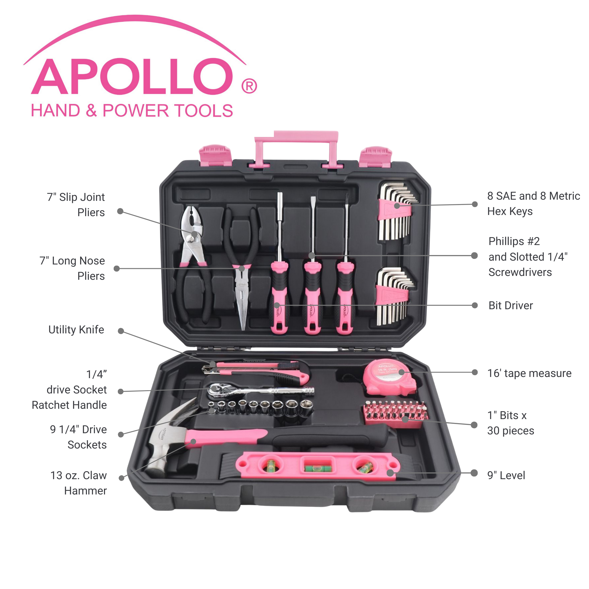Wesentliches 65-Stück Rosa-Werkzeug-Set mit Socket-Set und meistgenutzten Werkzeugen für Do it Yourself Reparaturen und Wartung - DT0001P