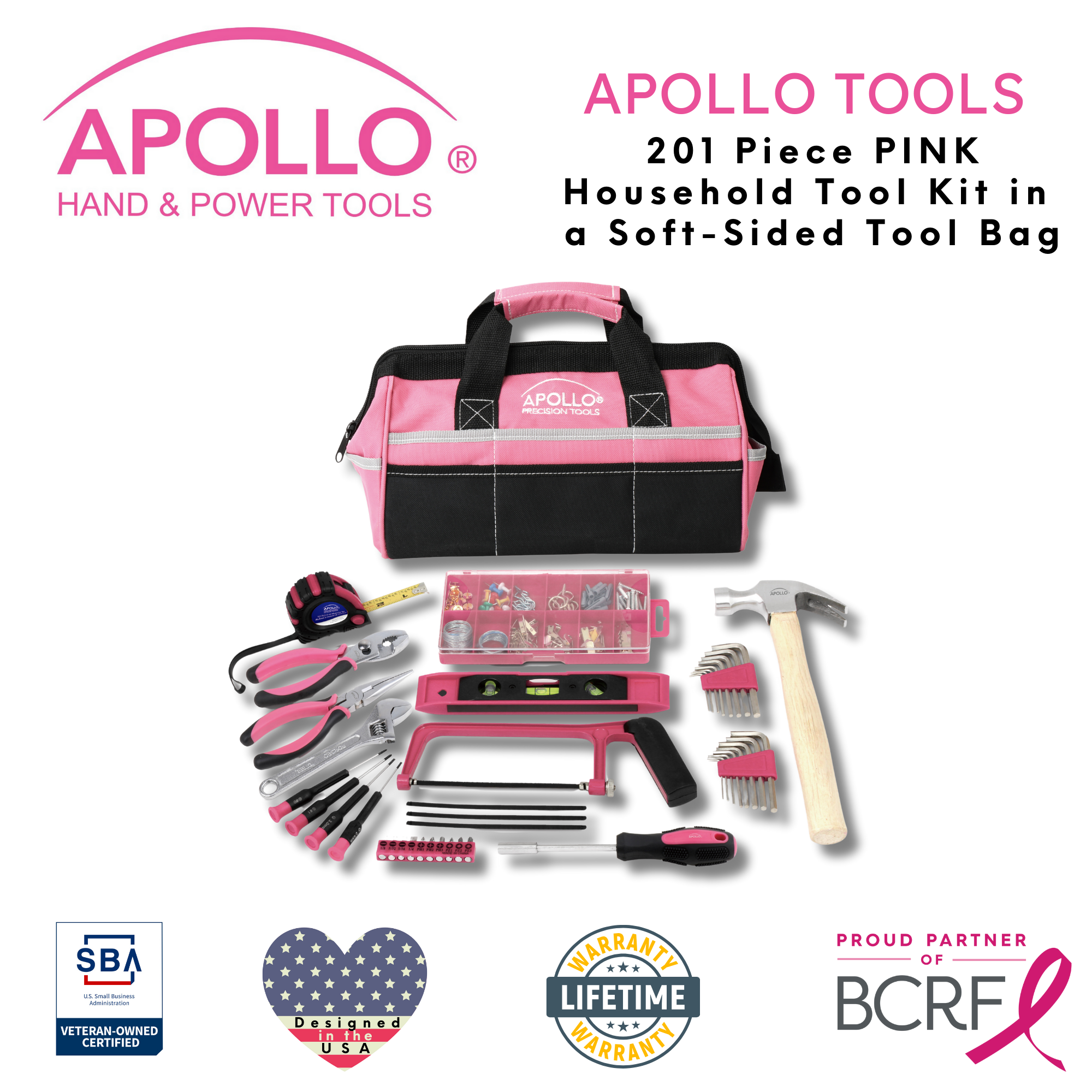 201 Stück Haushalts-Tool-Kit in einem Soft-Sided Werkzeug-Tasche Rosa - DT0020P