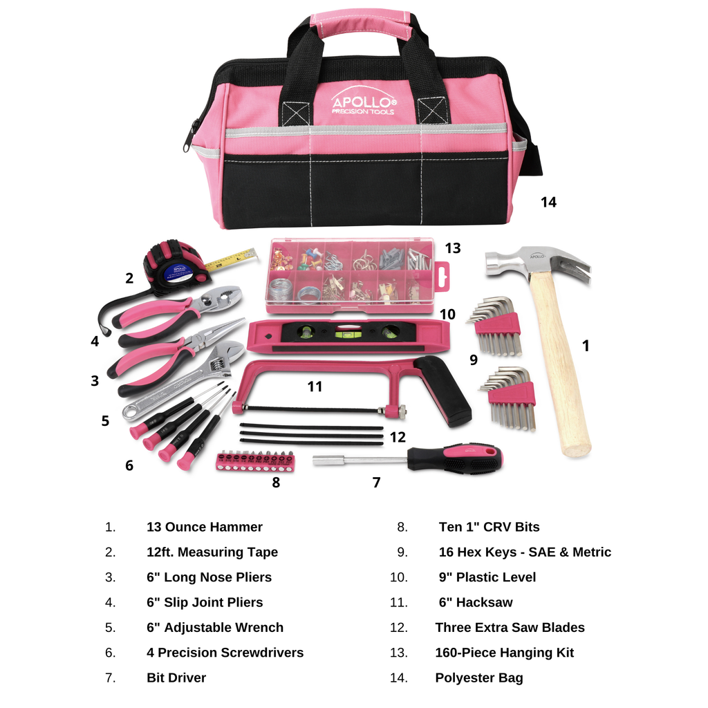 201 Stück Haushalts-Tool-Kit in einem Soft-Sided Werkzeug-Tasche Rosa - DT0020P
