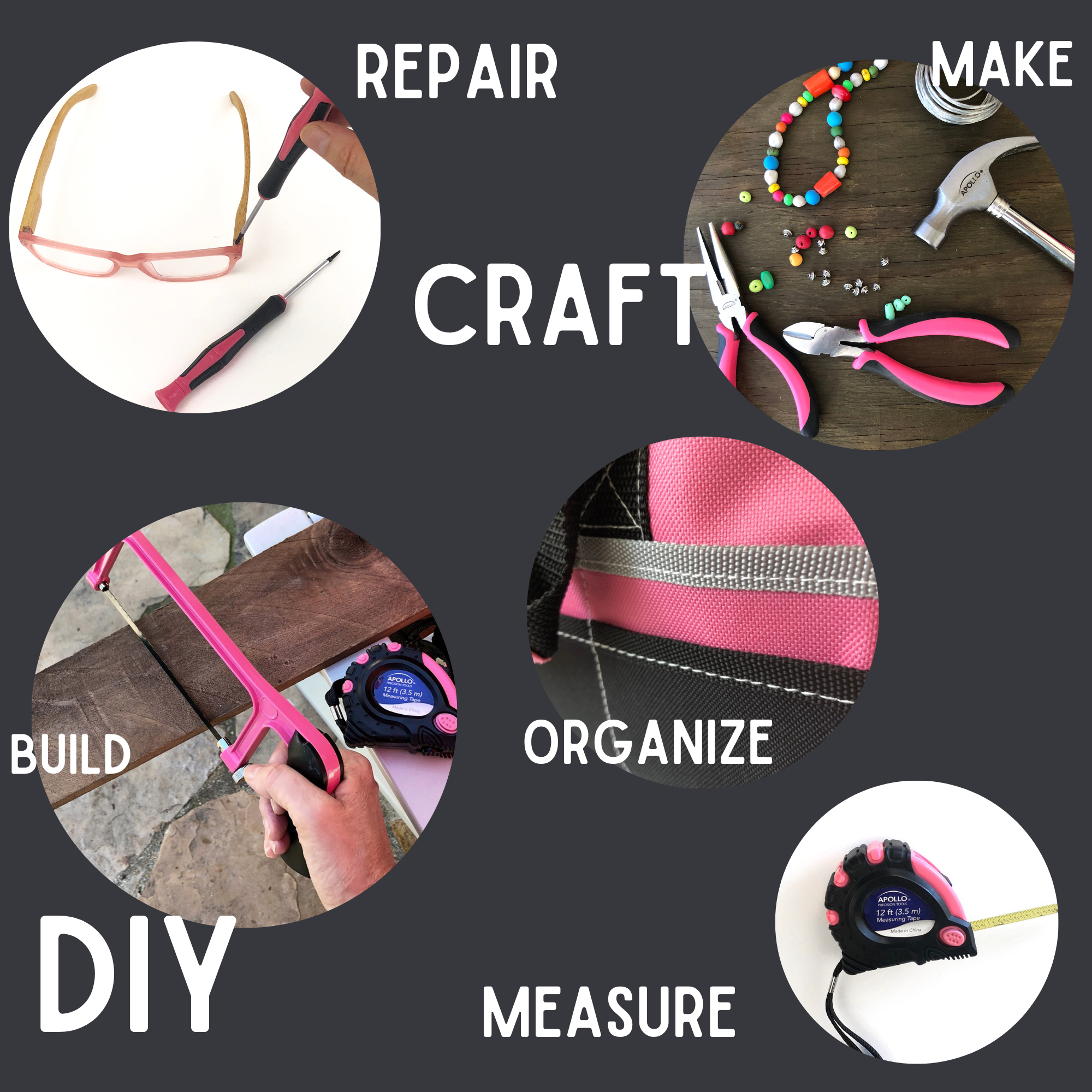 201 Stück Haushalts-Tool-Kit in einem Soft-Sided Werkzeug-Tasche Rosa - DT0020P