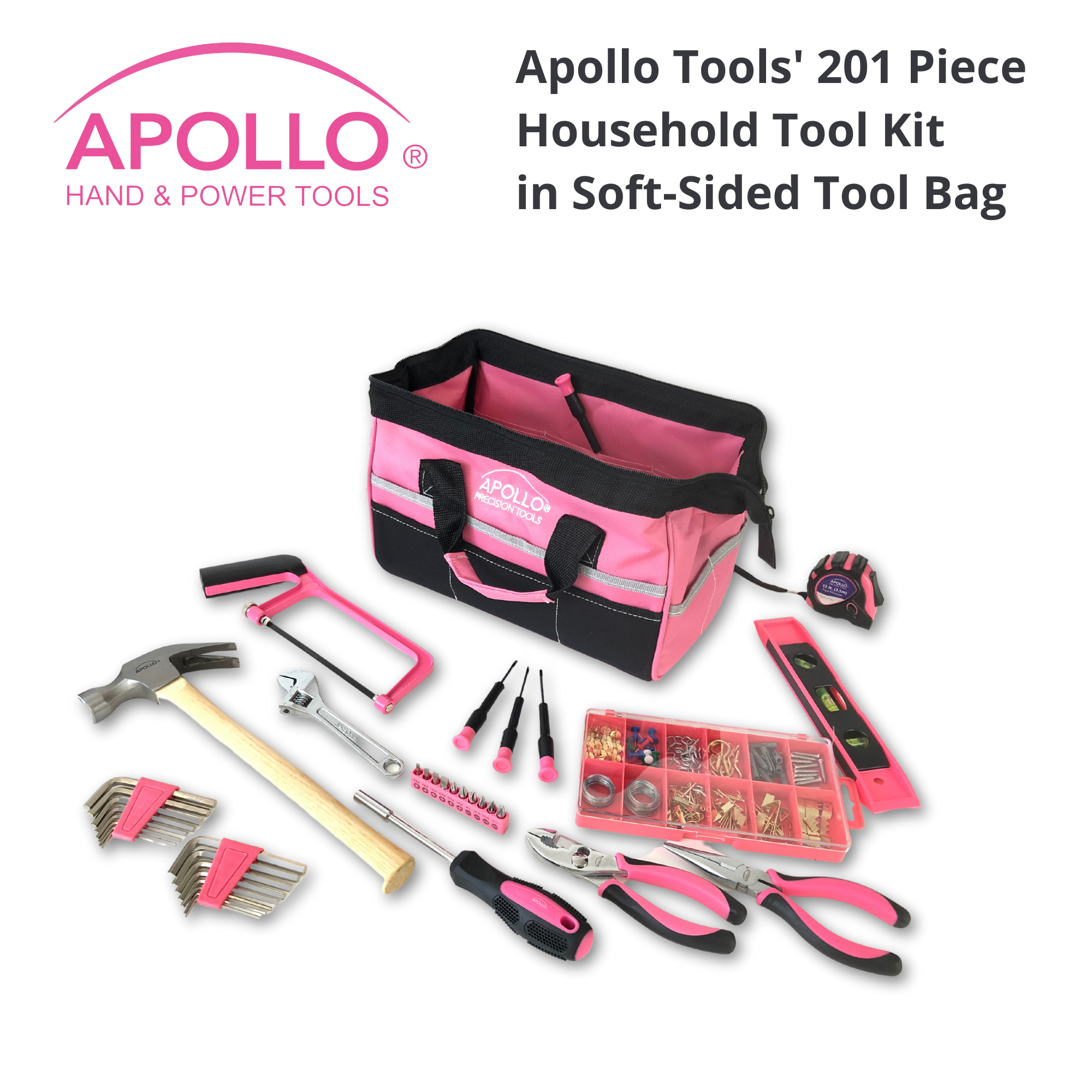 201 Stück Haushalts-Tool-Kit in einem Soft-Sided Werkzeug-Tasche Rosa - DT0020P