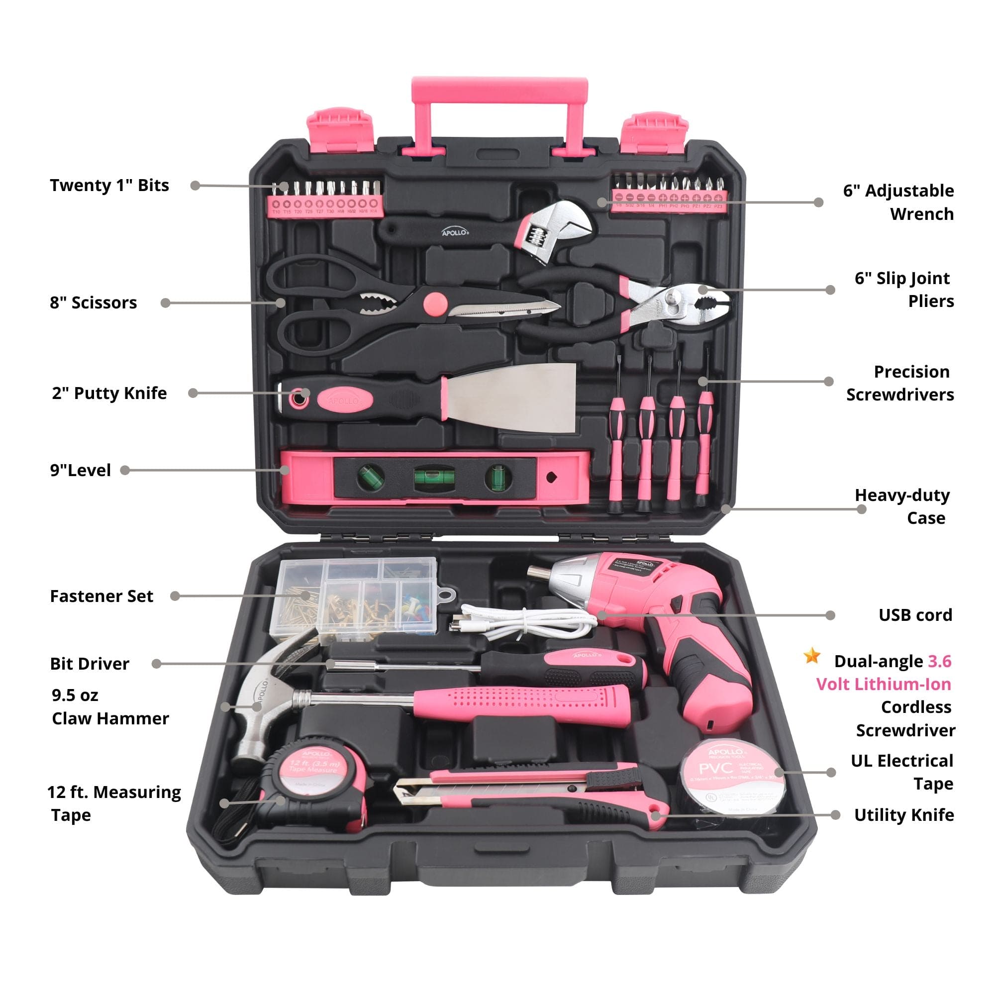 Neuer und verbesserter 135 Stück Rosa Haushaltswerkzeugsatz mit verschwenkendem Dual-Angle 3,6 Volt Lithium-Ionen-Kabellosschrauber im Hartgehäuse - DT0774P
