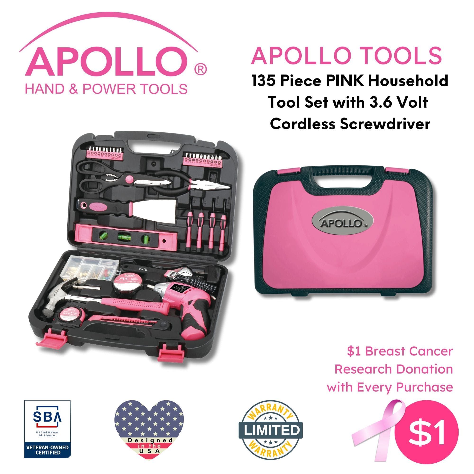 135 Stück Haushaltswerkzeug-Kit Rosa mit Schwenken Dual-Angle 3,6 Volt Lithium-Ionen-Kabellos Schraubendreher - DT0773N1
