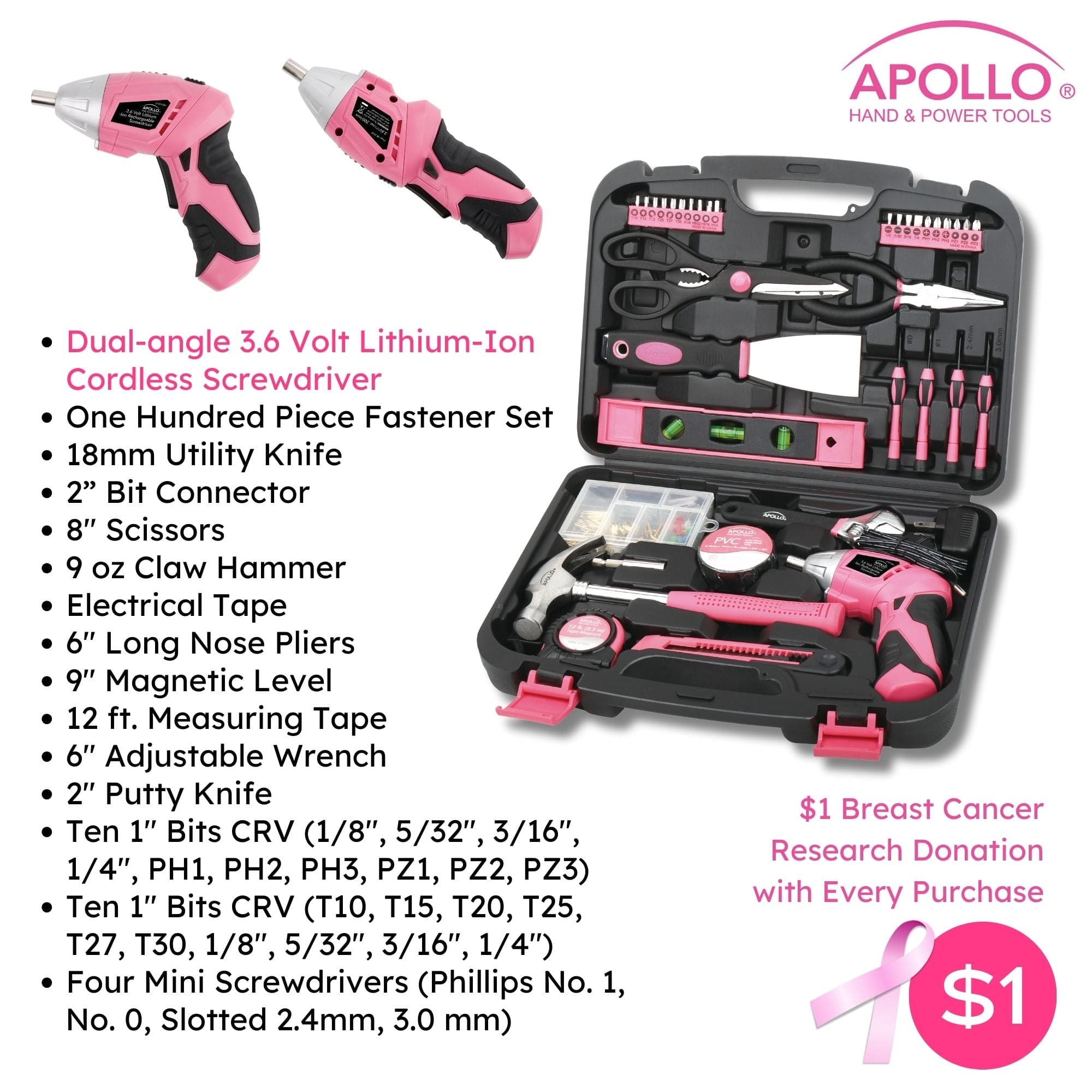 135 Stück Haushaltswerkzeug-Kit Rosa mit Schwenken Dual-Angle 3,6 Volt Lithium-Ionen-Kabellos Schraubendreher - DT0773N1