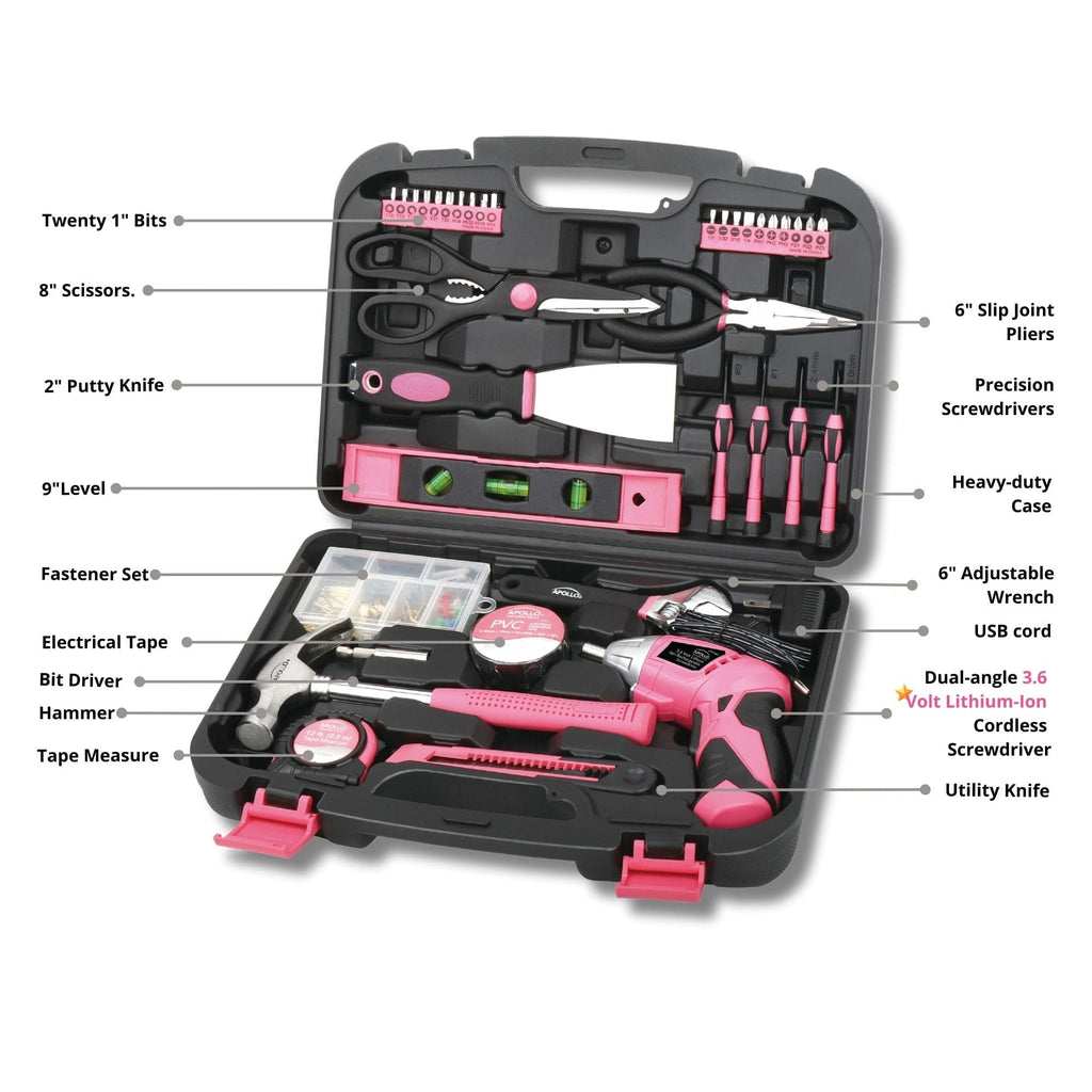 135 Stück Haushaltswerkzeug-Kit Rosa mit Schwenken Dual-Angle 3,6 Volt Lithium-Ionen-Kabellos Schraubendreher - DT0773N1