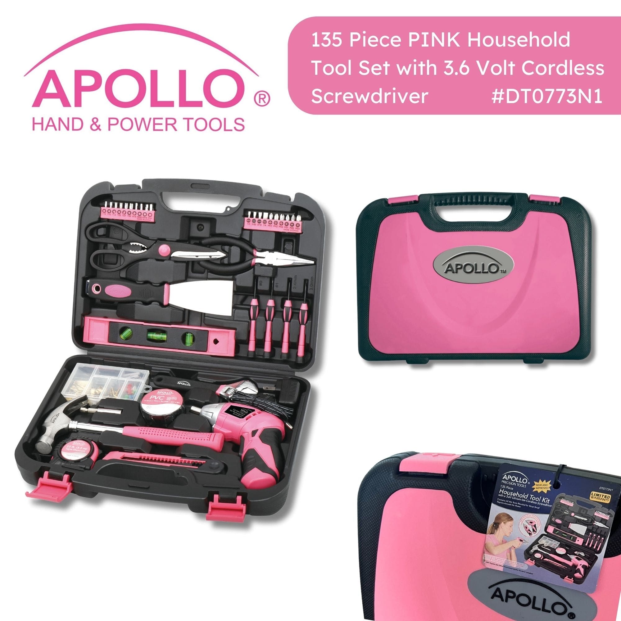 135 Stück Haushaltswerkzeug-Kit Rosa mit Schwenken Dual-Angle 3,6 Volt Lithium-Ionen-Kabellos Schraubendreher - DT0773N1