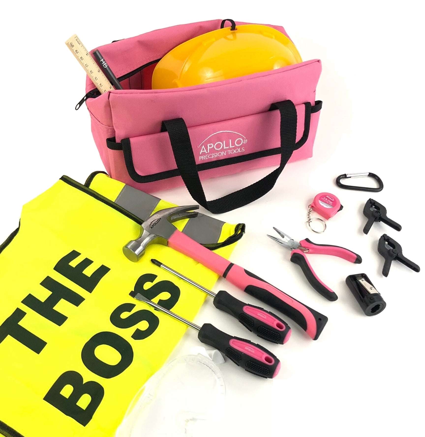 14 Stück mein erstes Werkzeug-Kit Educational Werkzeugset mit Rosa Tool Bag, Real Rosa Tools und Safety Gear - DT4936P