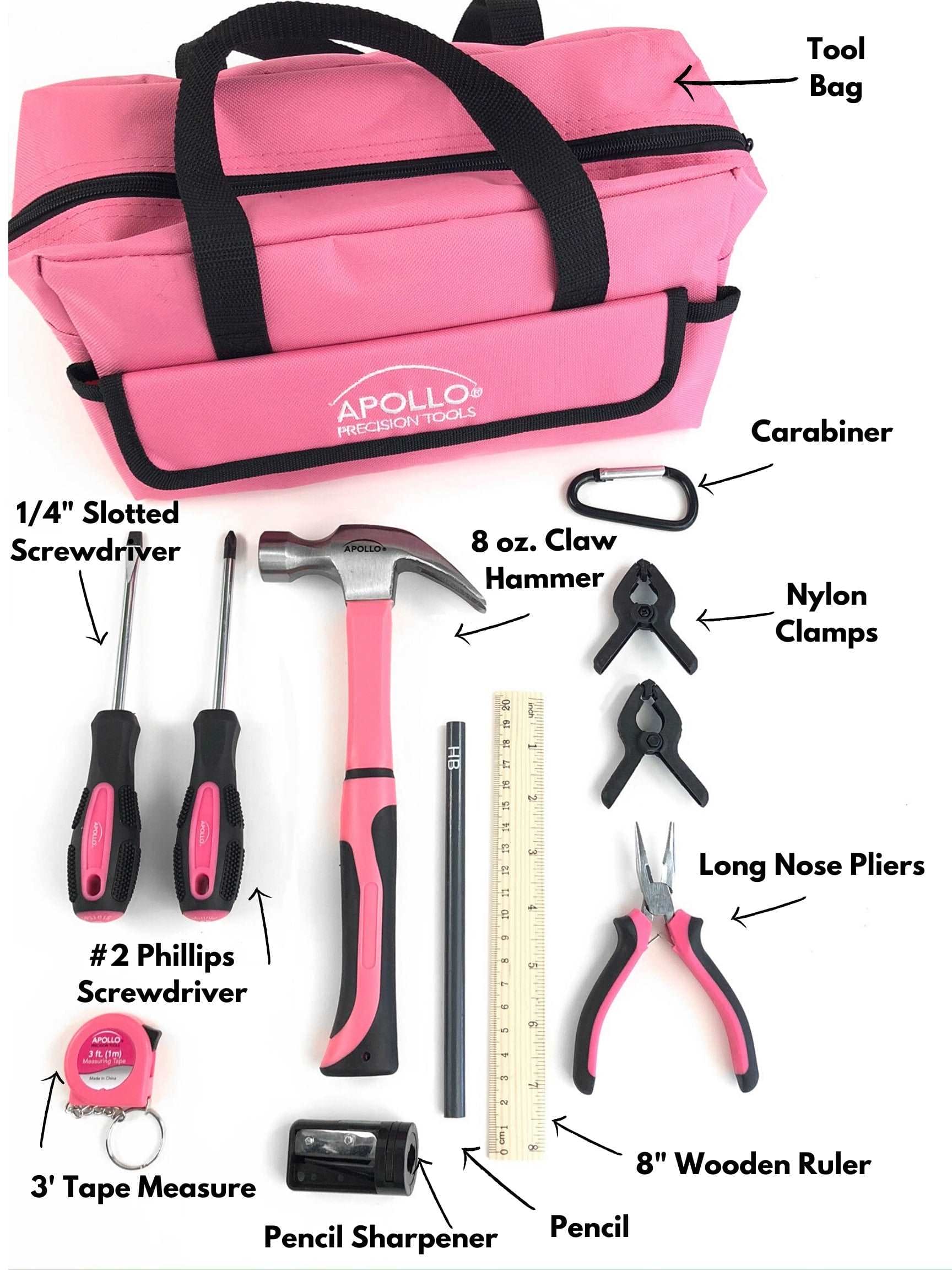 14 Stück mein erstes Werkzeug-Kit Educational Werkzeugset mit Rosa Tool Bag, Real Rosa Tools und Safety Gear - DT4936P