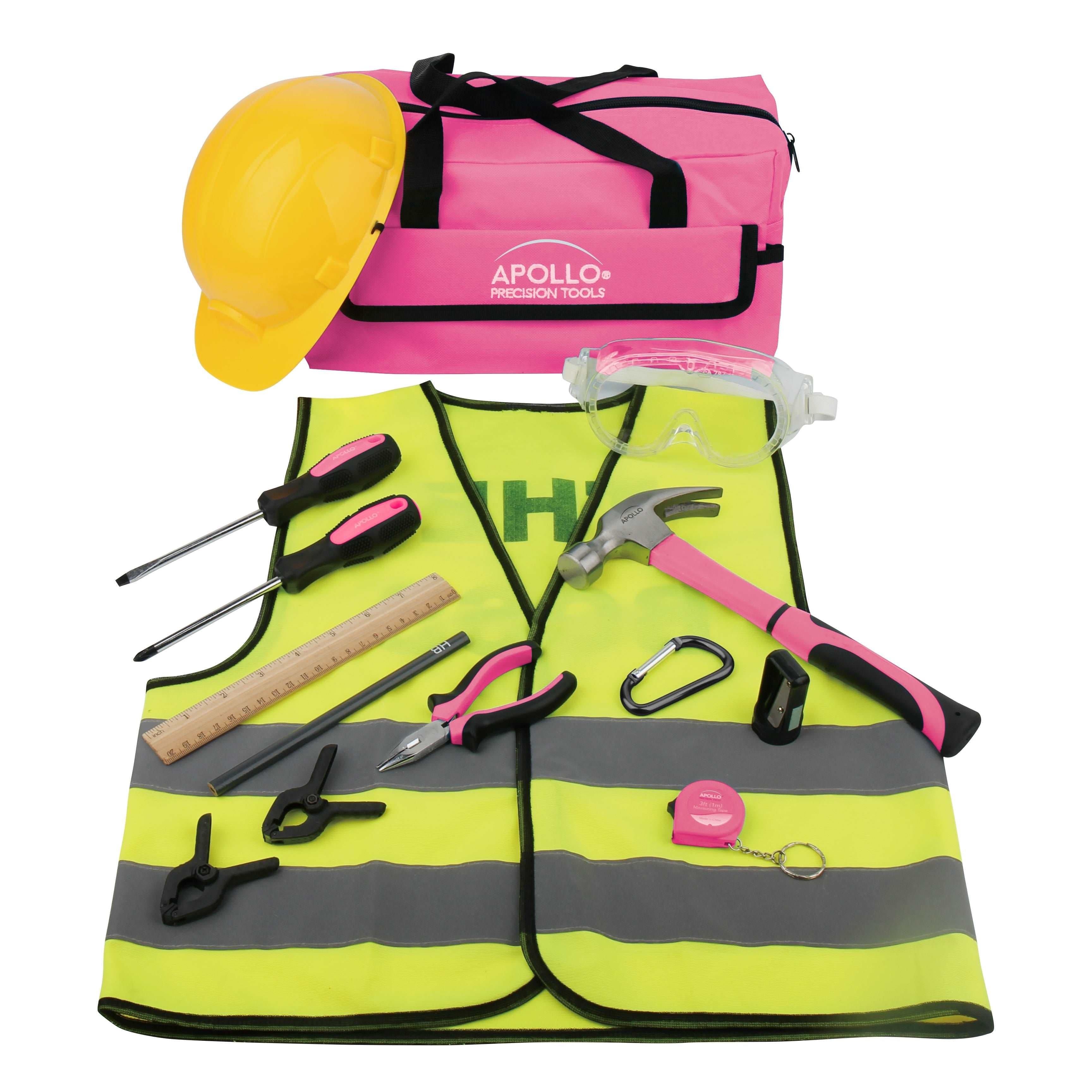14 Stück mein erstes Werkzeug-Kit Educational Werkzeugset mit Rosa Tool Bag, Real Rosa Tools und Safety Gear - DT4936P
