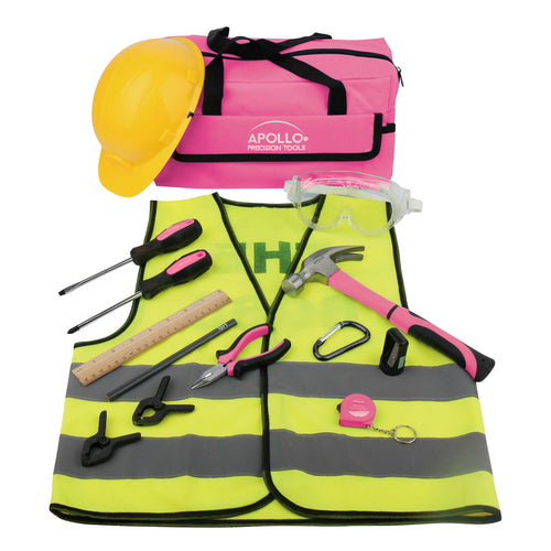 14 Stück mein erstes Werkzeug-Kit Educational Werkzeugset mit Rosa Tool Bag, Real Rosa Tools und Safety Gear - DT4936P