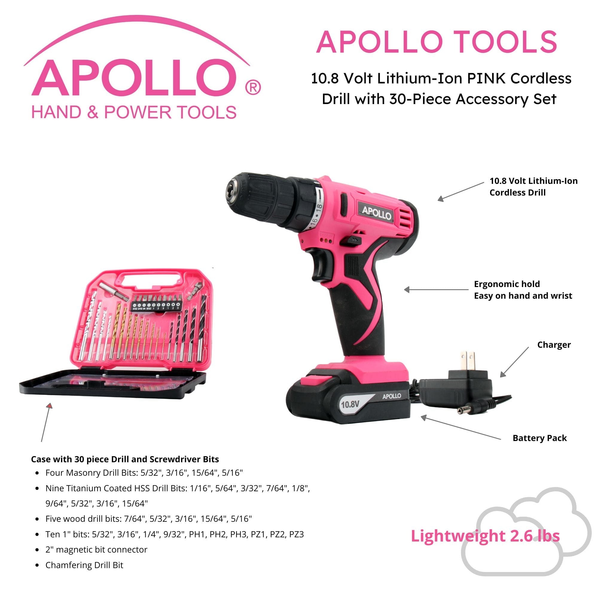 10,8 Volt Lithium-Ionen-Kabelloses Bohren mit 30 Stück Zubehör-Set-Rosa - DT4937P