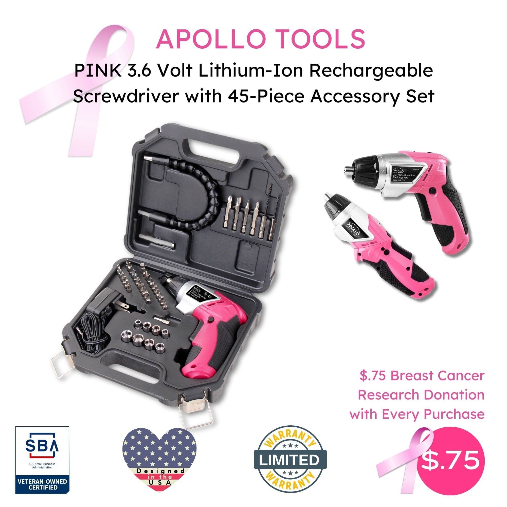 3,6 Volt Lithium-Ionen-Schraubendreher mit 45 Stück Zubehör-Set - Rosa DT4944P
