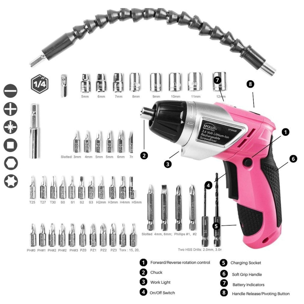3,6 Volt Lithium-Ionen-Schraubendreher mit 45 Stück Zubehör-Set - Rosa DT4944P
