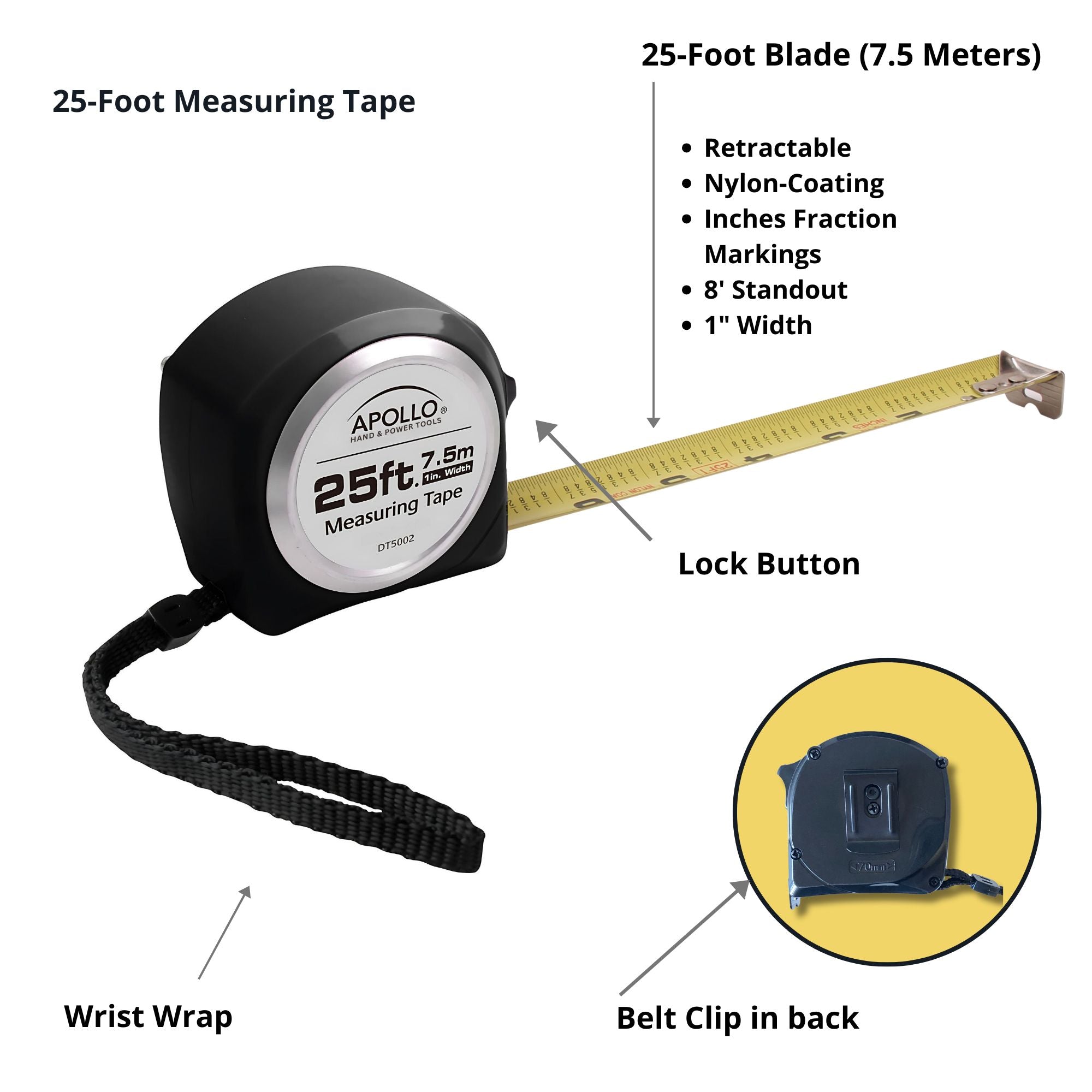 25ft Tape Measure - Schwarz - DT5002