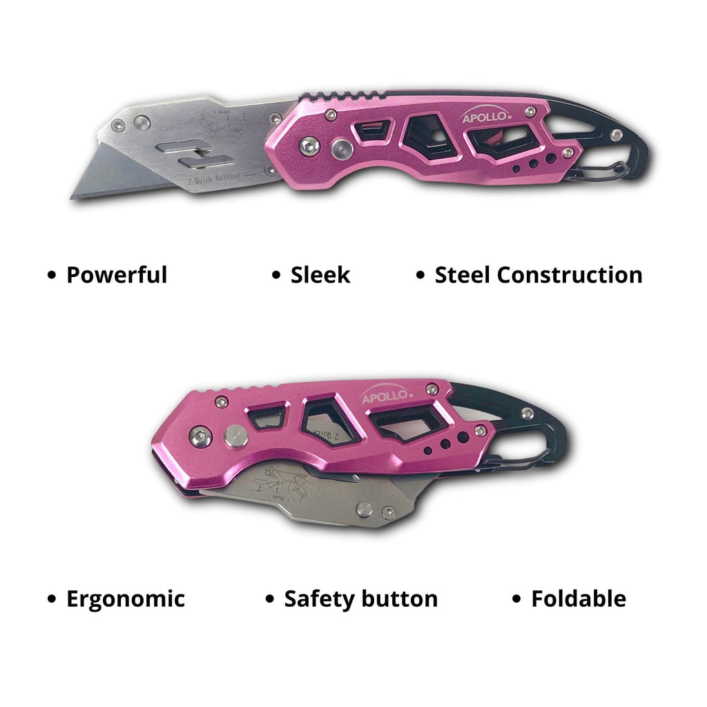 Ergonomischer Edelstahl, Leichtgewicht, Faltbares Rosa Utility Messer mit Karabiner Clip und Schnellwechselklinge - DT5017P