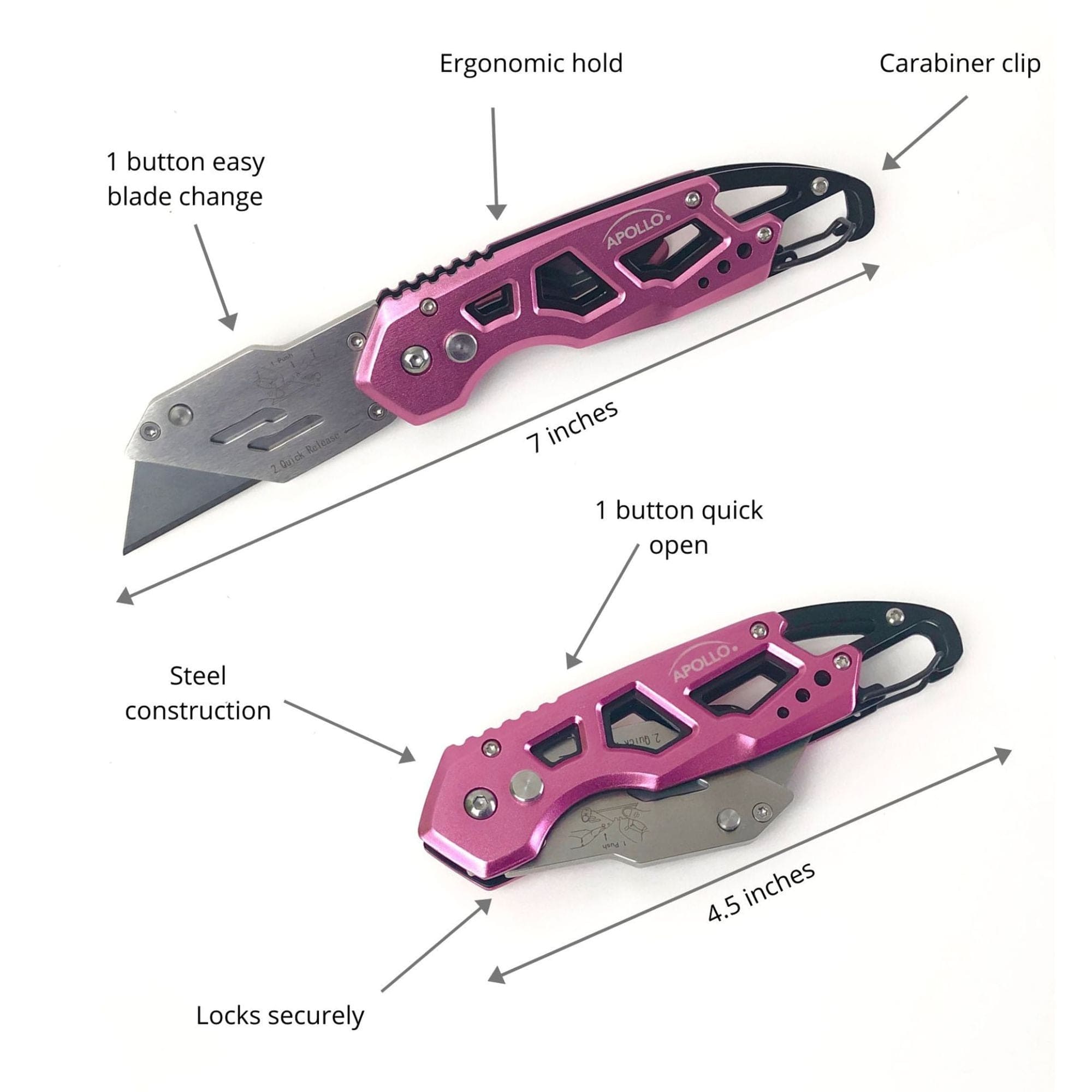 Ergonomischer Edelstahl, Leichtgewicht, Faltbares Rosa Utility Messer mit Karabiner Clip und Schnellwechselklinge - DT5017P