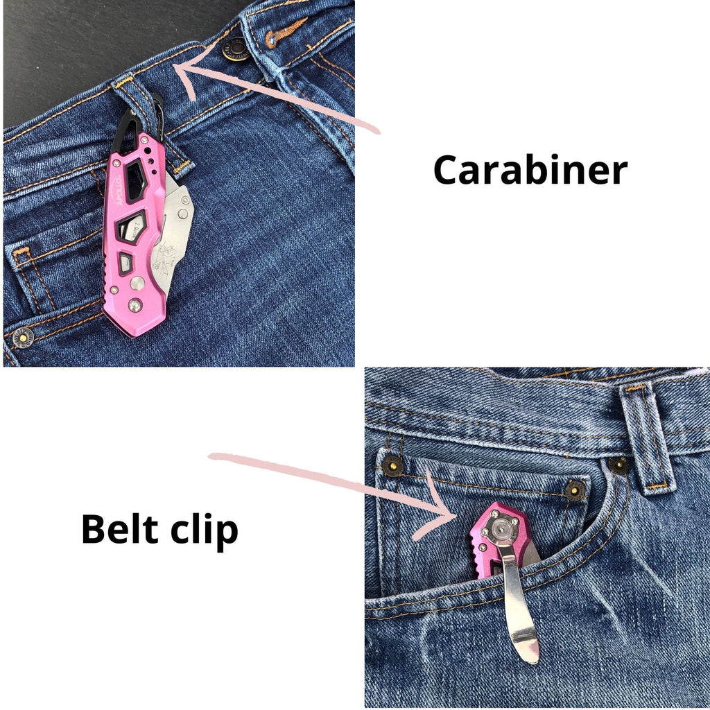 Ergonomischer Edelstahl, Leichtgewicht, Faltbares Rosa Utility Messer mit Karabiner Clip und Schnellwechselklinge - DT5017P
