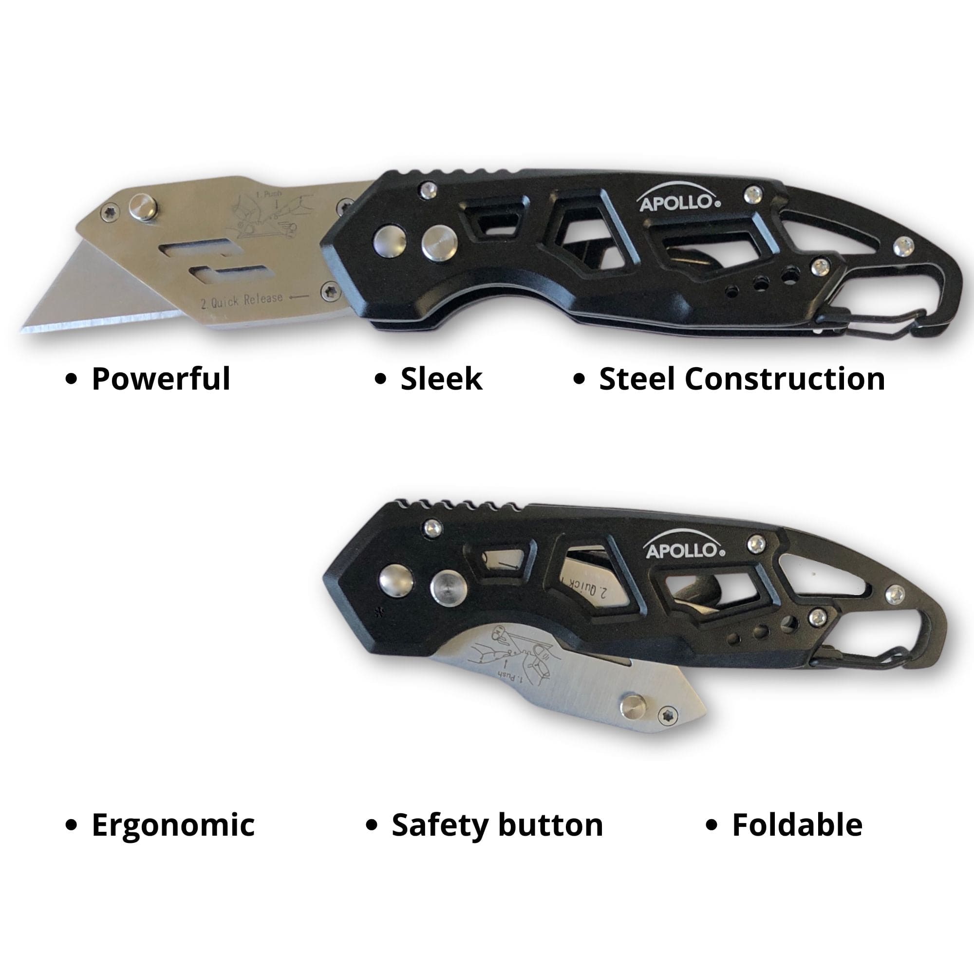 Ergonomischer Edelstahl, Leichtgewicht, Faltbares Schwarzes Utility Messer mit Karabiner Clip und Schnellwechselklinge - DT5017