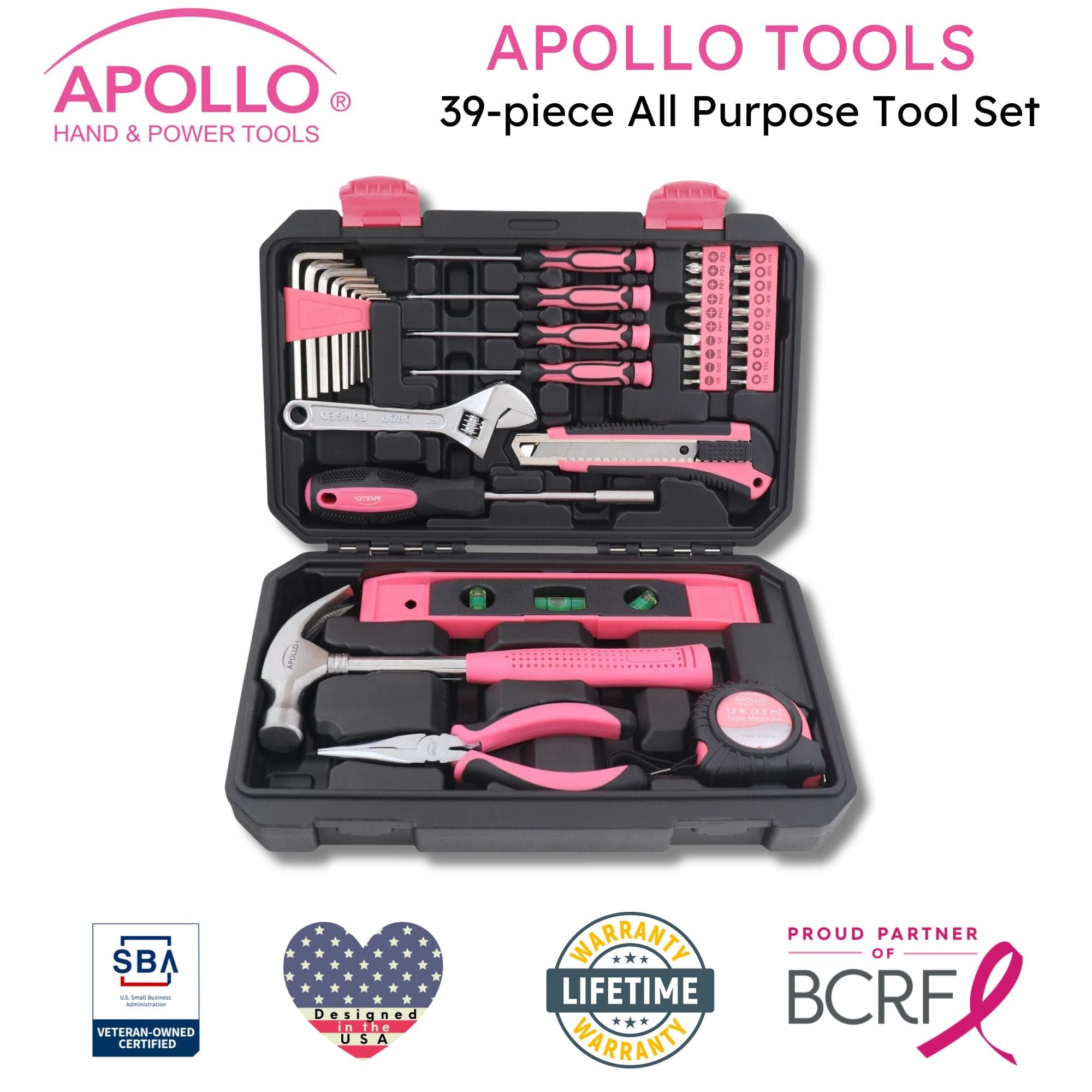 Apollo Tools Neues und verbessertes 39 Stück allgemeines Rosa-Werkzeug-Set im Aufbewahrungsgehäuse für die Wartung und Reparatur von Heimwerkern im täglichen Heim-
