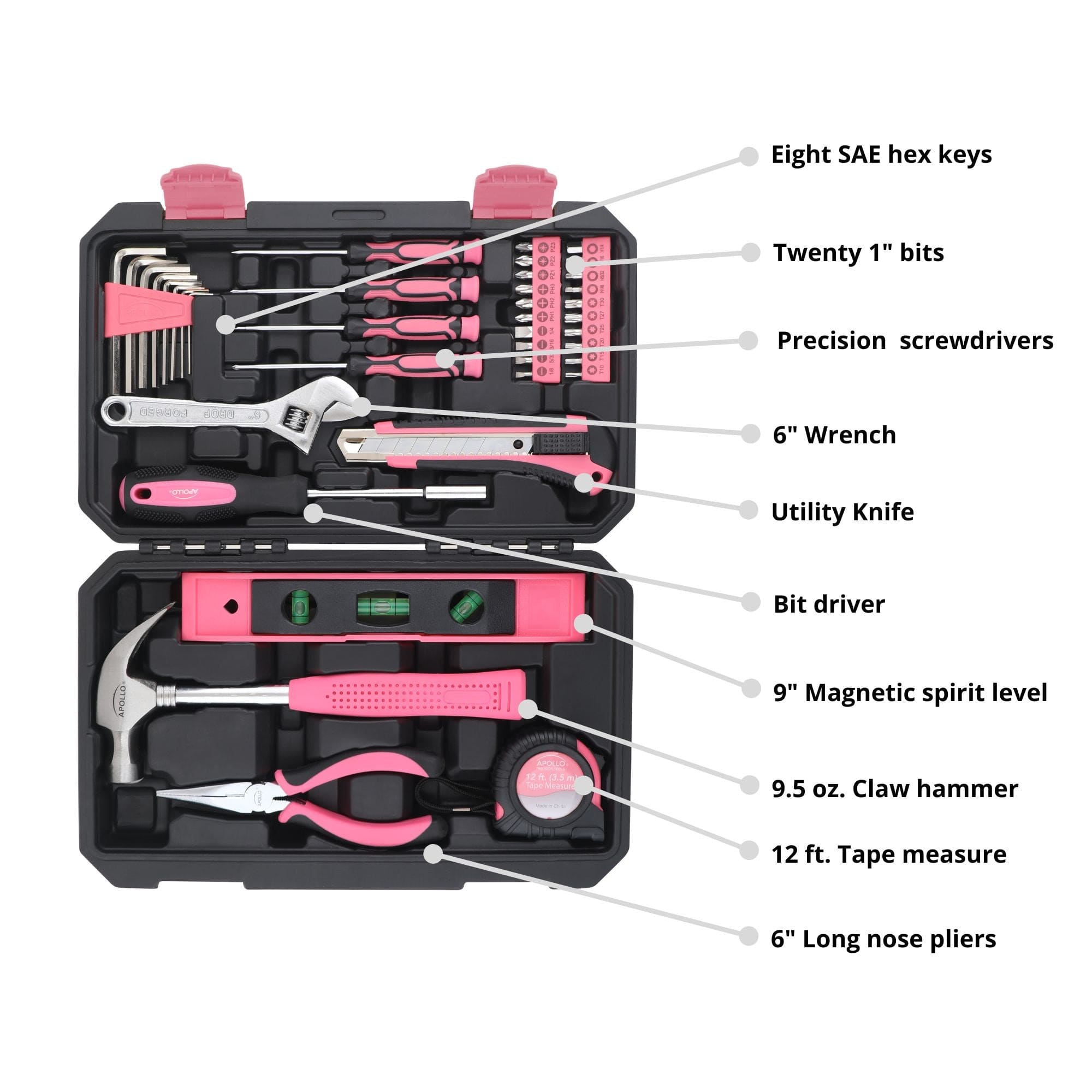 Apollo Tools Neues und verbessertes 39 Stück allgemeines Rosa-Werkzeug-Set im Aufbewahrungsgehäuse für die Wartung und Reparatur von Heimwerkern im täglichen Heim-