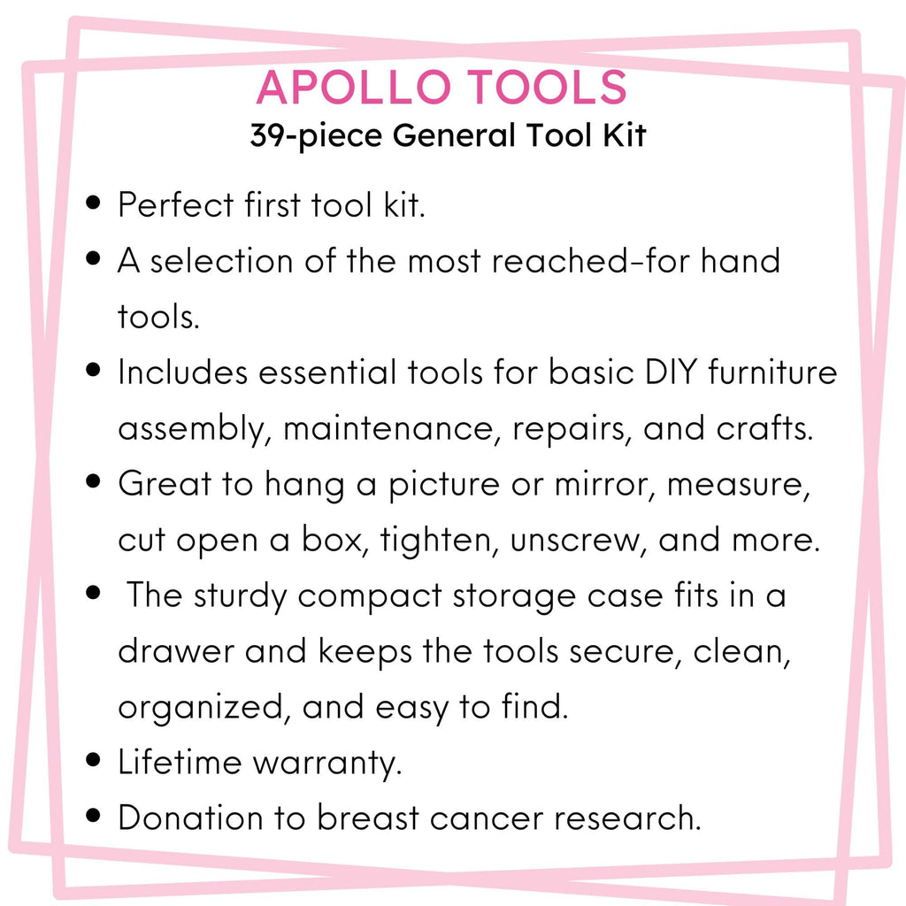 Apollo Tools Neues und verbessertes 39 Stück allgemeines Rosa-Werkzeug-Set im Aufbewahrungsgehäuse für die Wartung und Reparatur von Heimwerkern im täglichen Heim-