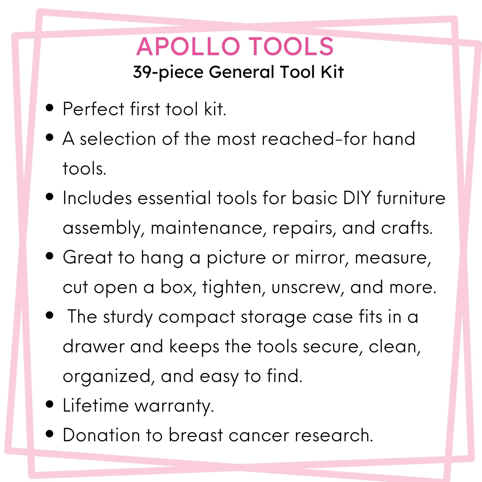 Apollo Tools Neues und verbessertes 39 Stück allgemeines Rosa-Werkzeug-Set im Aufbewahrungsgehäuse für die Wartung und Reparatur von Heimwerkern im täglichen Heim-