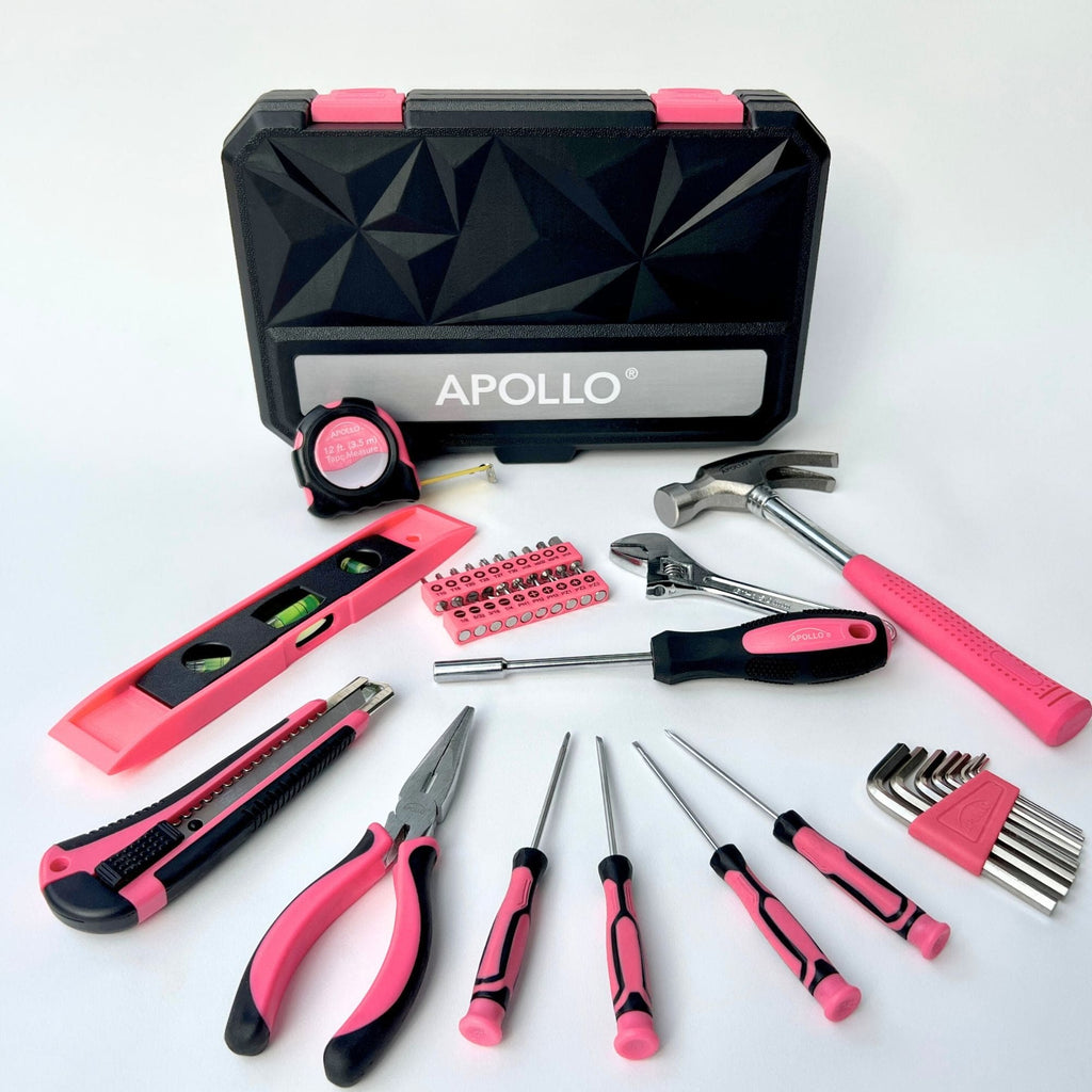 Apollo Tools Neues und verbessertes 39 Stück allgemeines Rosa-Werkzeug-Set im Aufbewahrungsgehäuse für die Wartung und Reparatur von Heimwerkern im täglichen Heim-