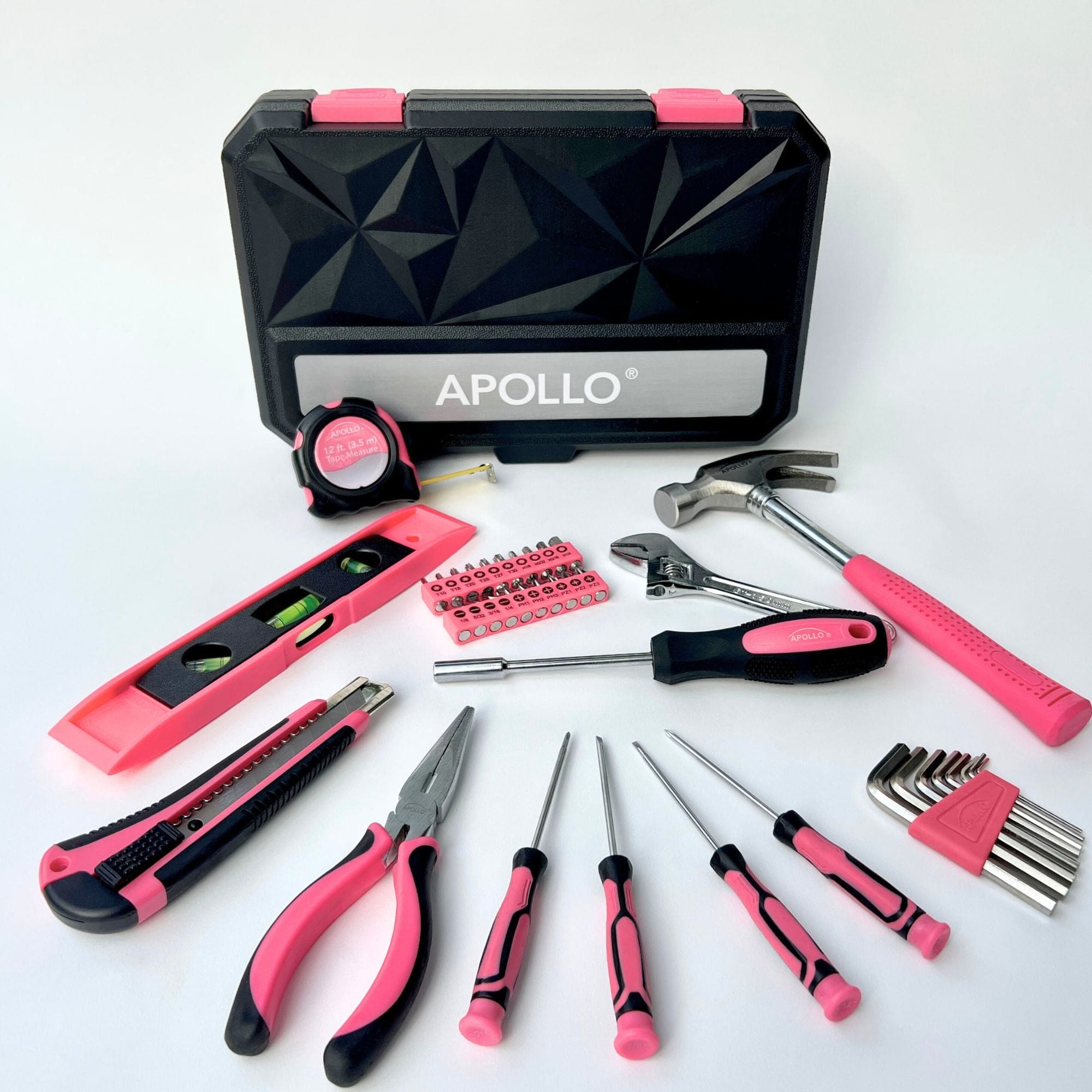 Apollo Tools Neues und verbessertes 39 Stück allgemeines Rosa-Werkzeug-Set im Aufbewahrungsgehäuse für die Wartung und Reparatur von Heimwerkern im täglichen Heim-