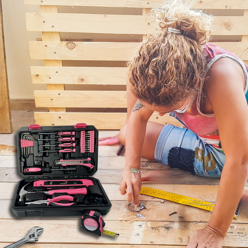 Apollo Tools Neues und verbessertes 39 Stück allgemeines Rosa-Werkzeug-Set im Aufbewahrungsgehäuse für die Wartung und Reparatur von Heimwerkern im täglichen Heim-