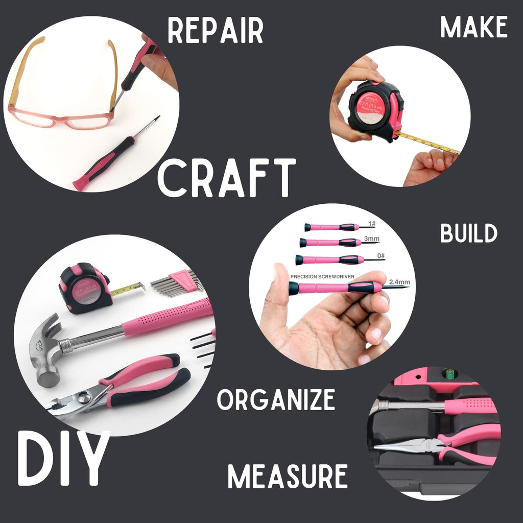 Apollo Tools Neues und verbessertes 39 Stück allgemeines Rosa-Werkzeug-Set im Aufbewahrungsgehäuse für die Wartung und Reparatur von Heimwerkern im täglichen Heim-