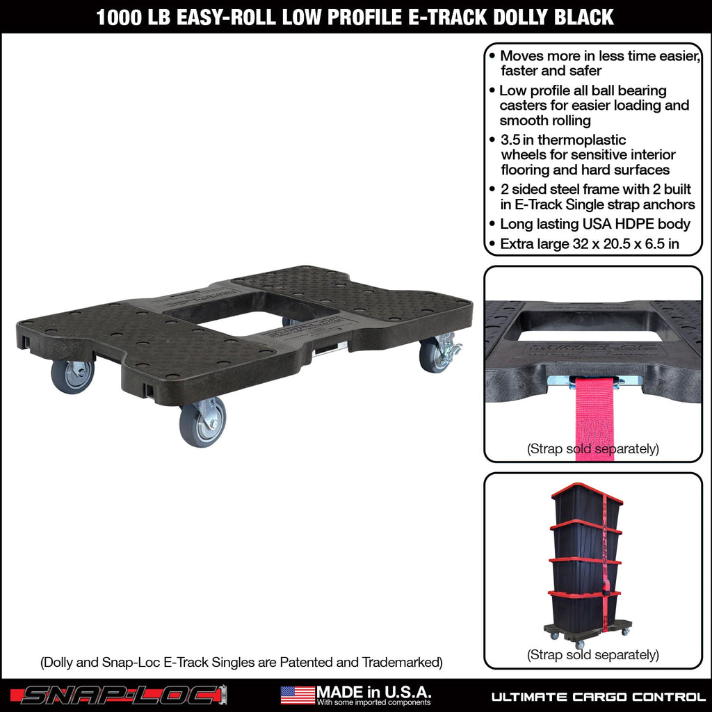 Snap-Loc E-Track Dolly - Easy-Roll, Low Profile, 0,45 kg Kapazität mit 3,5' Swivel Thermoplastic Casters - Schwarz