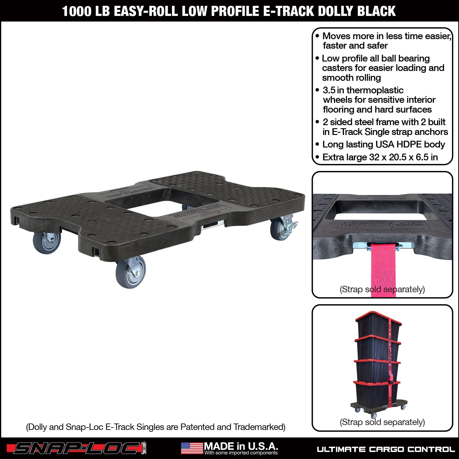 Snap-Loc E-Track Dolly - Easy-Roll, Low Profile, 0,45 kg Kapazität mit 3,5' Swivel Thermoplastic Casters - Schwarz