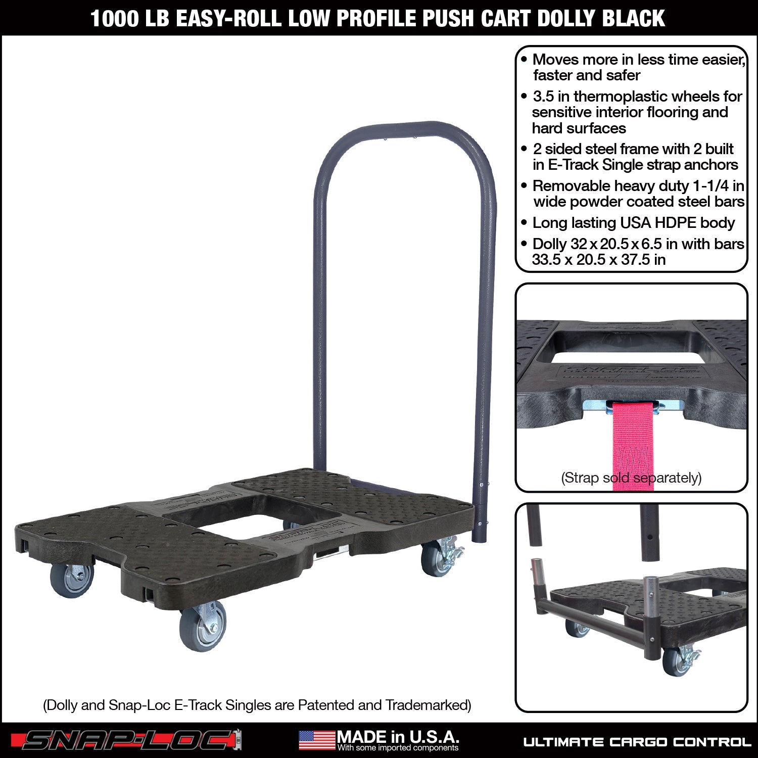 Snap-Loc E-Track Dolly - Easy-Roll, Low Profile, 0,45 kg Kapazität mit 3,5' Swivel Thermoplastic Casters - Schwarz