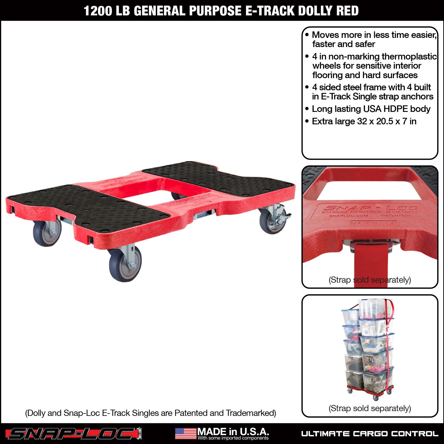 Snap-Loc E-Track Dolly - Allgemein, 0,54 kg Kapazität mit 4' Swivel Thermoplastic Casters