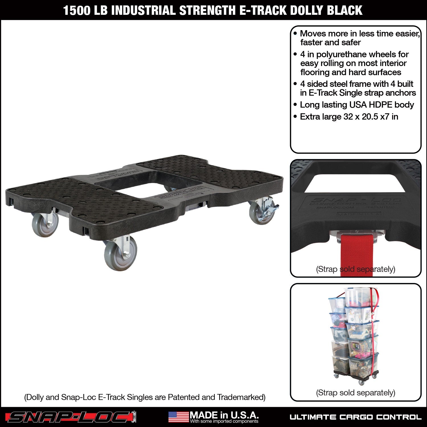 Snap-Loc E-Track Dolly - Industrielle Stärke, 0,68 kg Kapazität mit 4' Polyurethan-Schwenkrollen