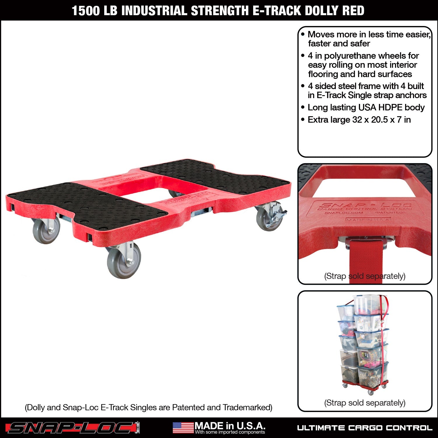 Snap-Loc E-Track Dolly - Industrielle Stärke, 0,68 kg Kapazität mit 4' Polyurethan-Schwenkrollen