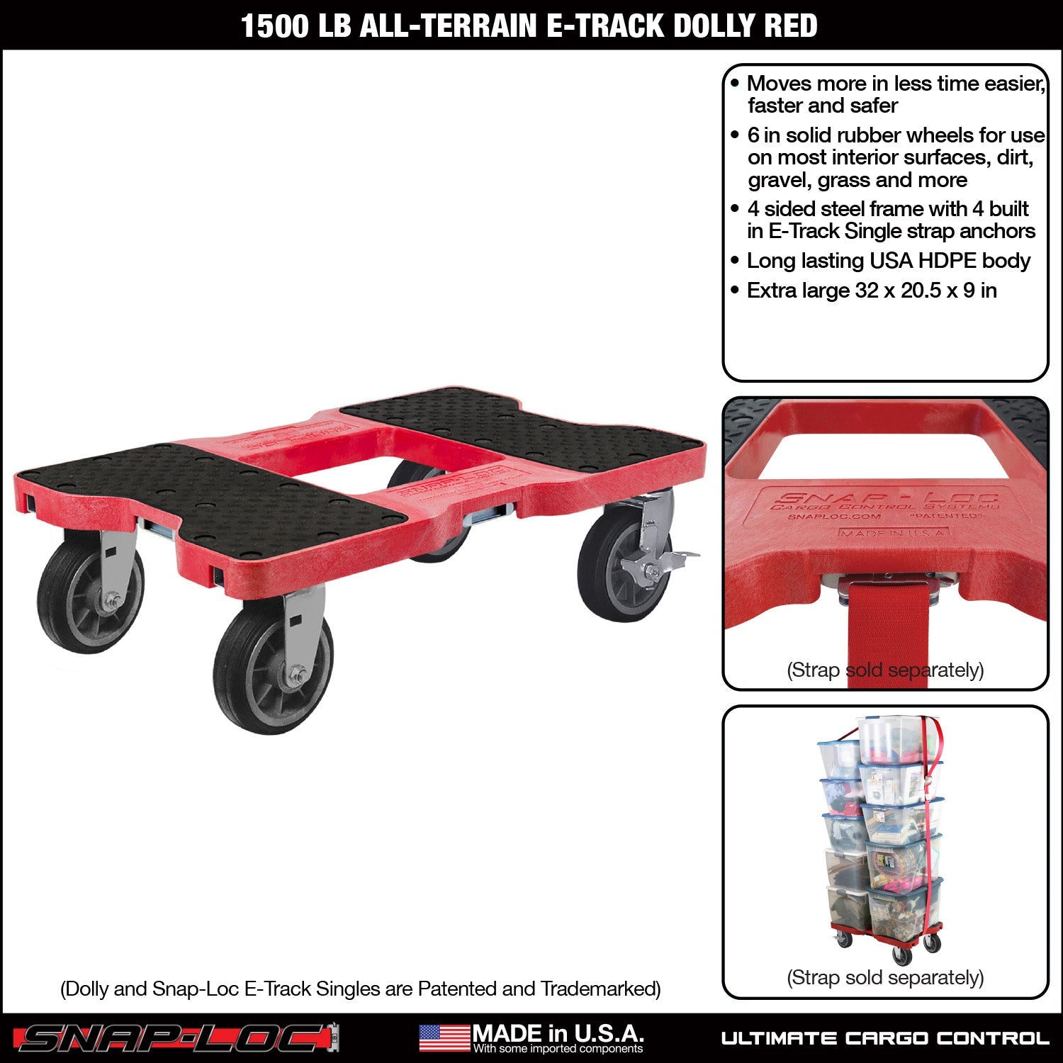 Snap-Loc E-Track Dolly - All-Terrain, 0,68 kg Kapazität mit 6' Solid Rubber Casters - Rot