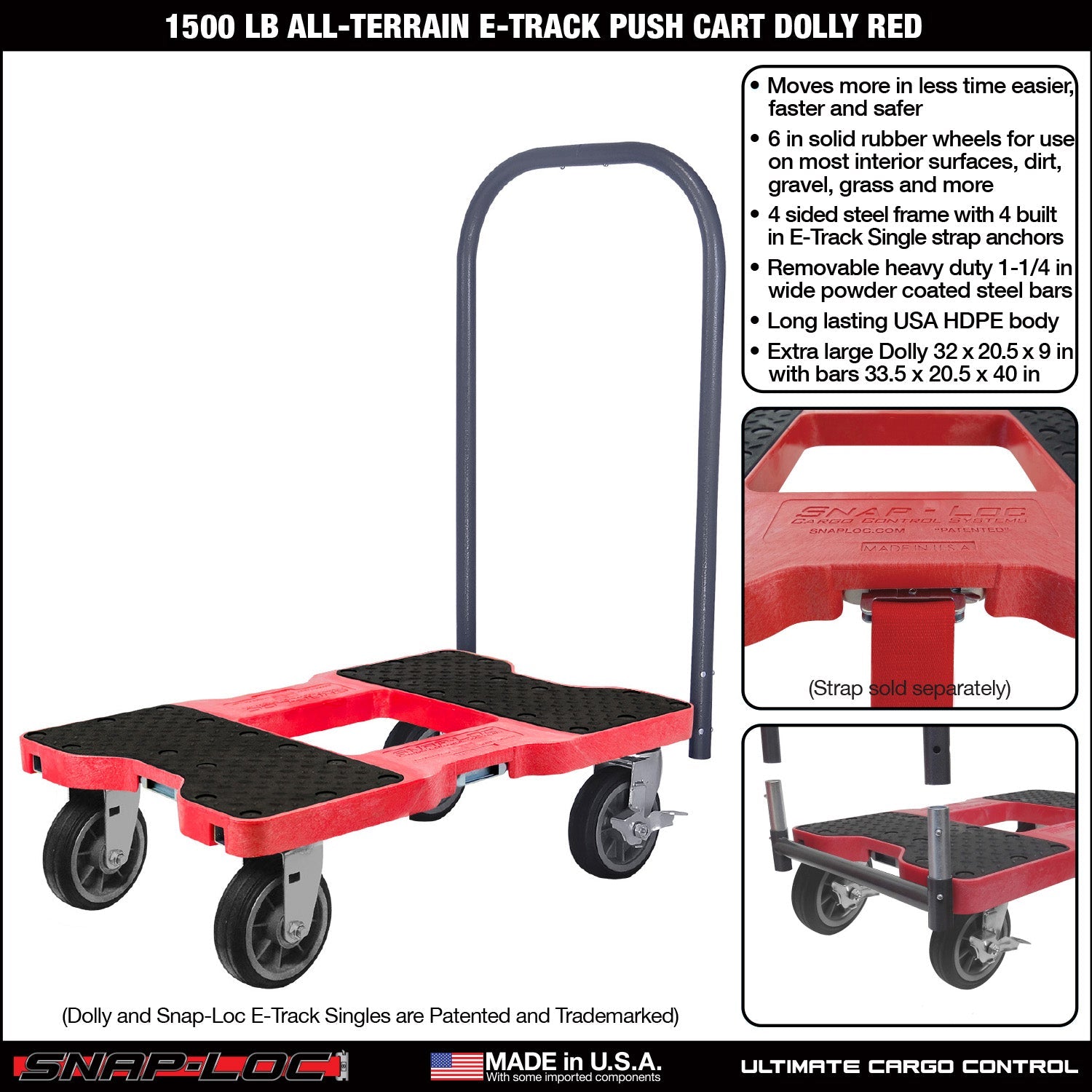 Snap-Loc E-Track Dolly - All-Terrain, 0,68 kg Kapazität mit 6' Solid Rubber Casters - Rot