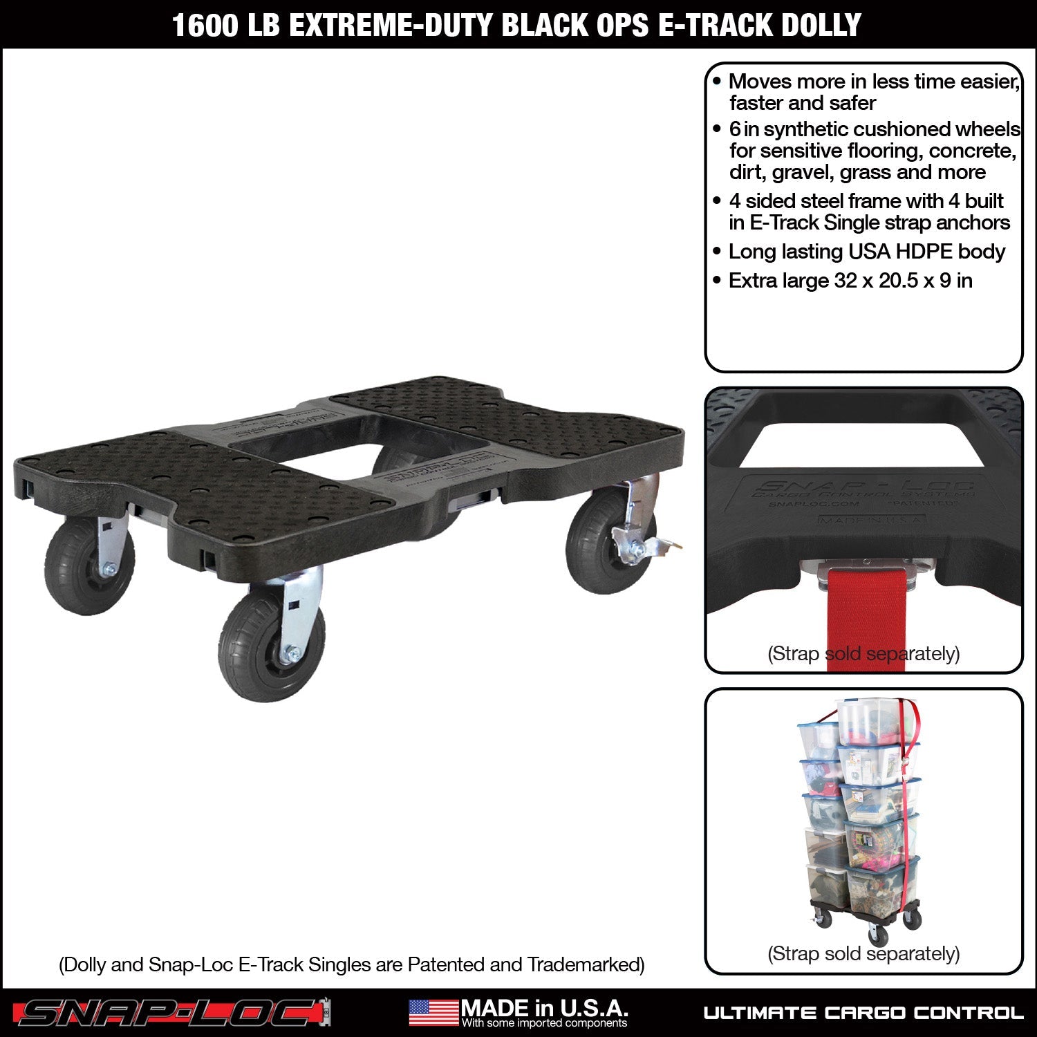 Snap-Loc E-Track Dolly - Extreme-Duty, 0,73 kg Kapazität mit 6' Solid Synthetic Rubber Casters - Rot