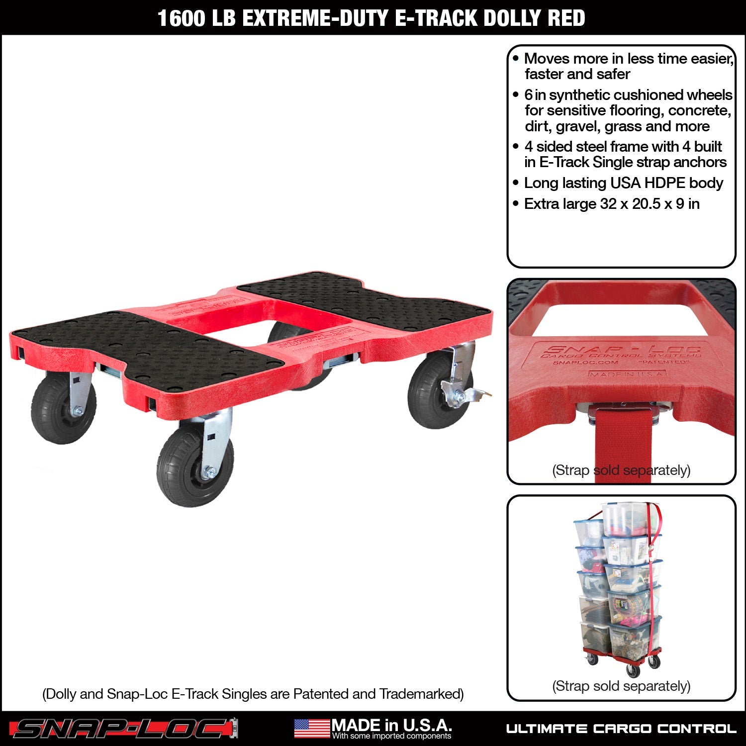 Snap-Loc E-Track Dolly - Extreme-Duty, 0,73 kg Kapazität mit 6' Solid Synthetic Rubber Casters - Rot