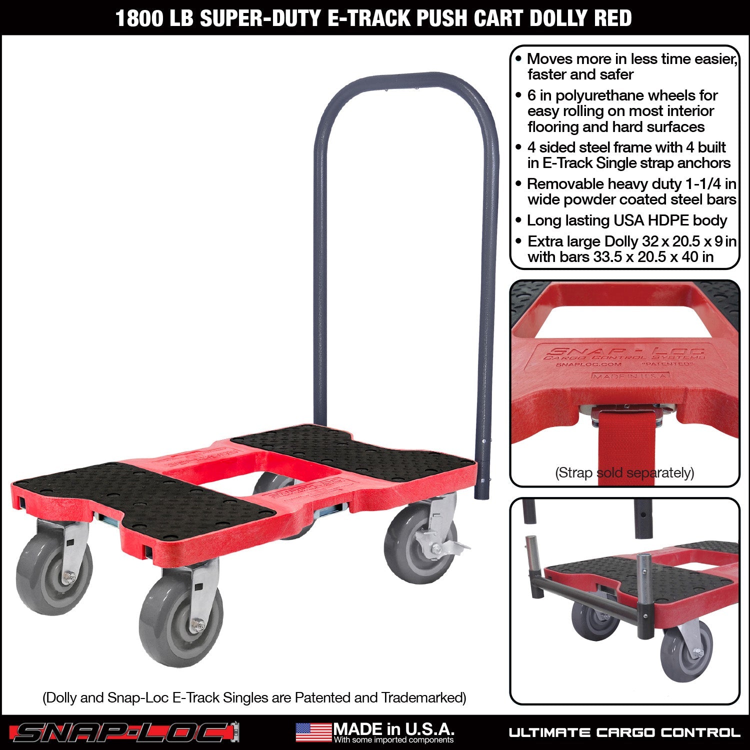 Snap-Loc E-Track Dolly - Super-Duty, 0,82 kg Kapazität mit 6' Polyurethan-Schwenkrollen - Rot