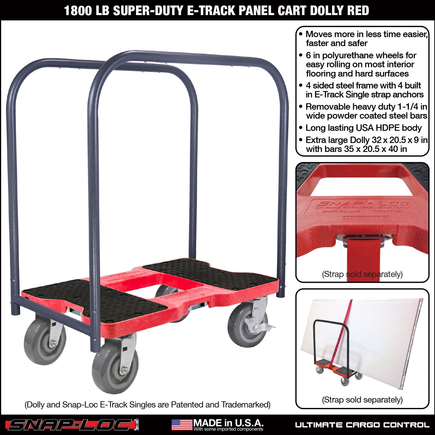 Snap-Loc E-Track Dolly - Super-Duty, 0,82 kg Kapazität mit 6' Polyurethan-Schwenkrollen - Rot