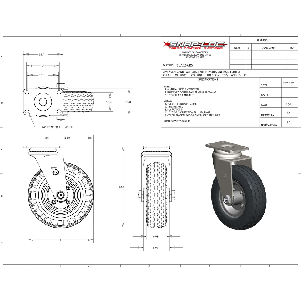 Snap-Loc 136,08 kg 6' Pneumatische Gummi Caster - Swivel