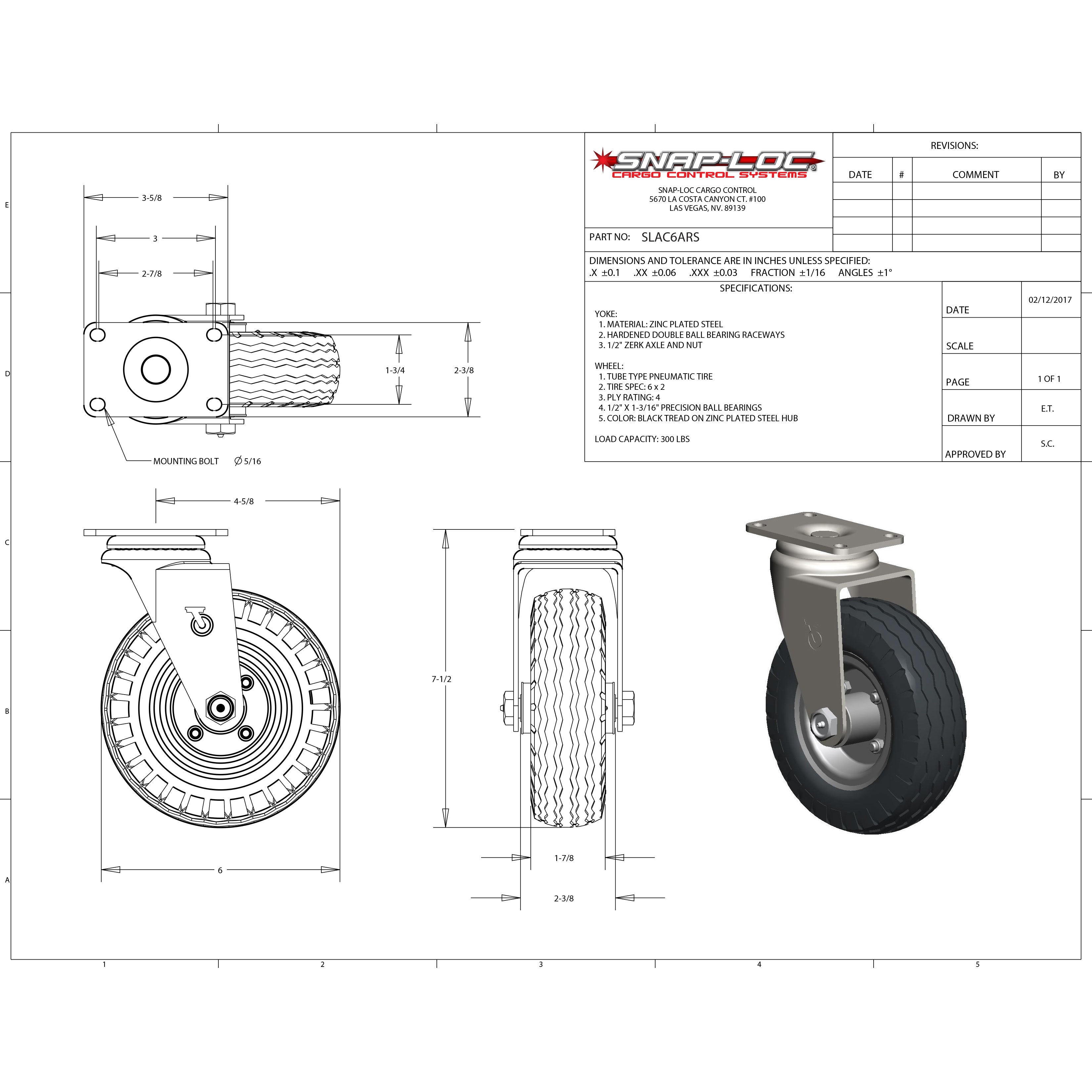 Snap-Loc 136,08 kg 6' Pneumatische Gummi Caster - Swivel