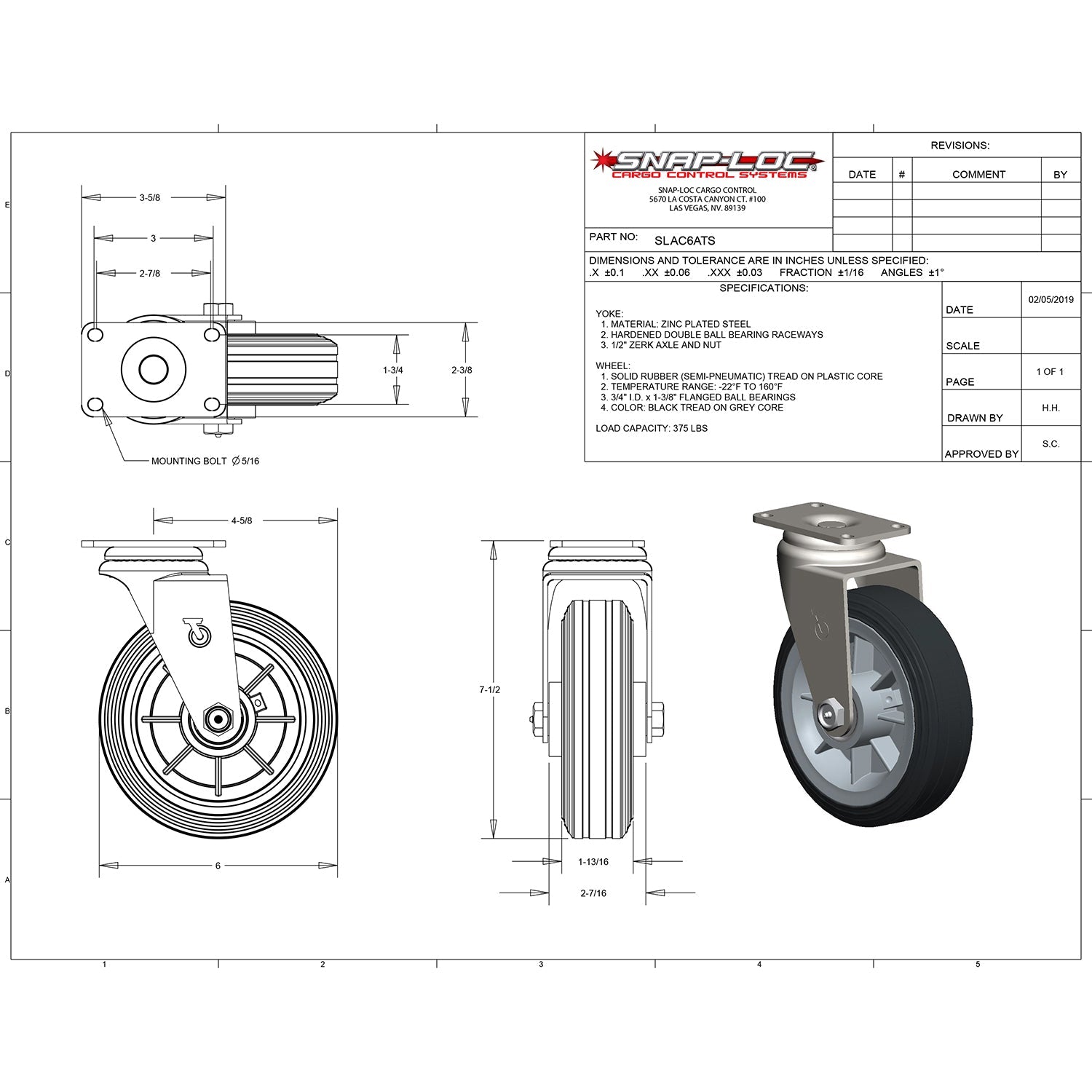 Snap-Loc 170,1 kg 6' All-Terrain Solid Rubber Caster
