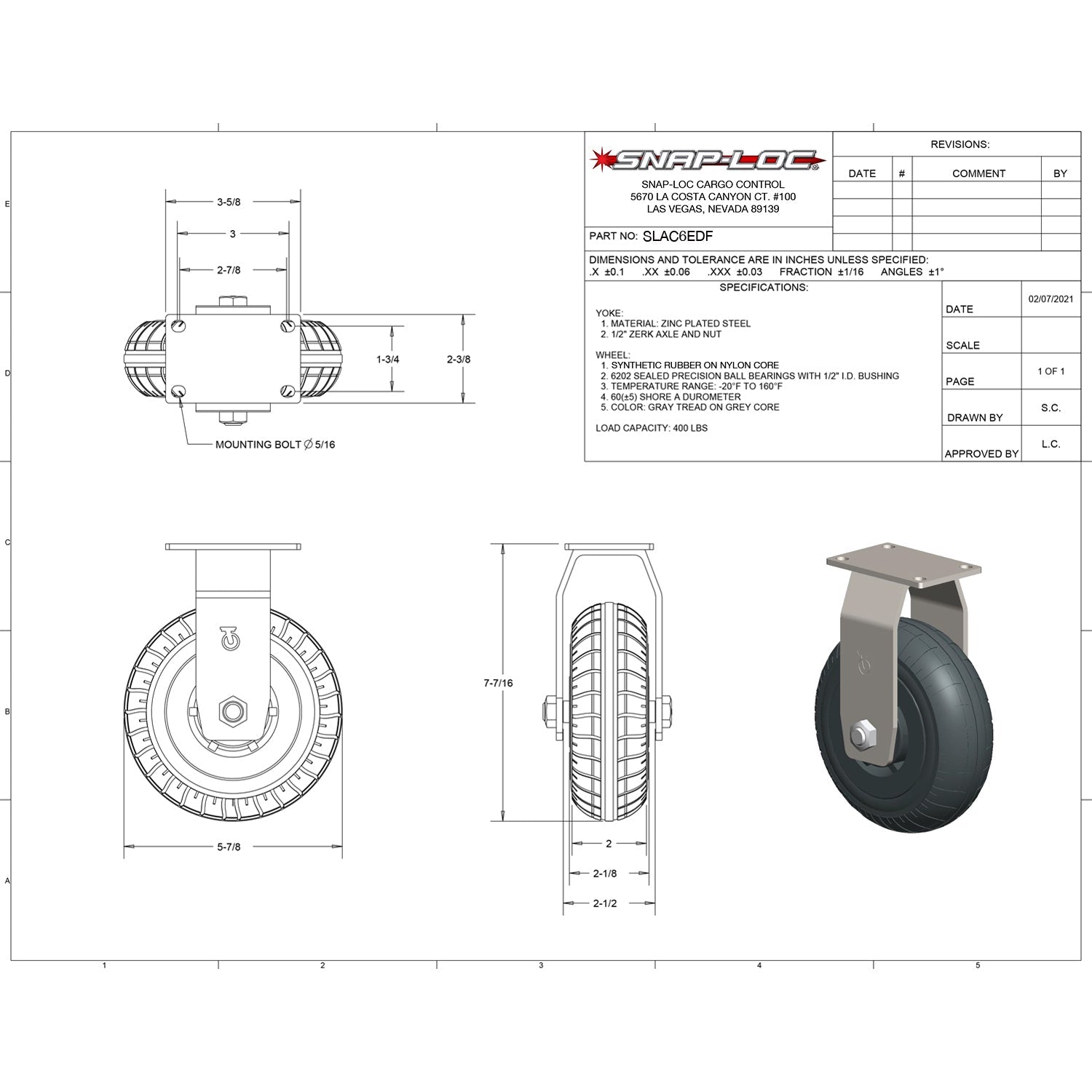 Snap-Loc 181,44 kg 6'Extreme-Duty Synthetic Rubber Caster